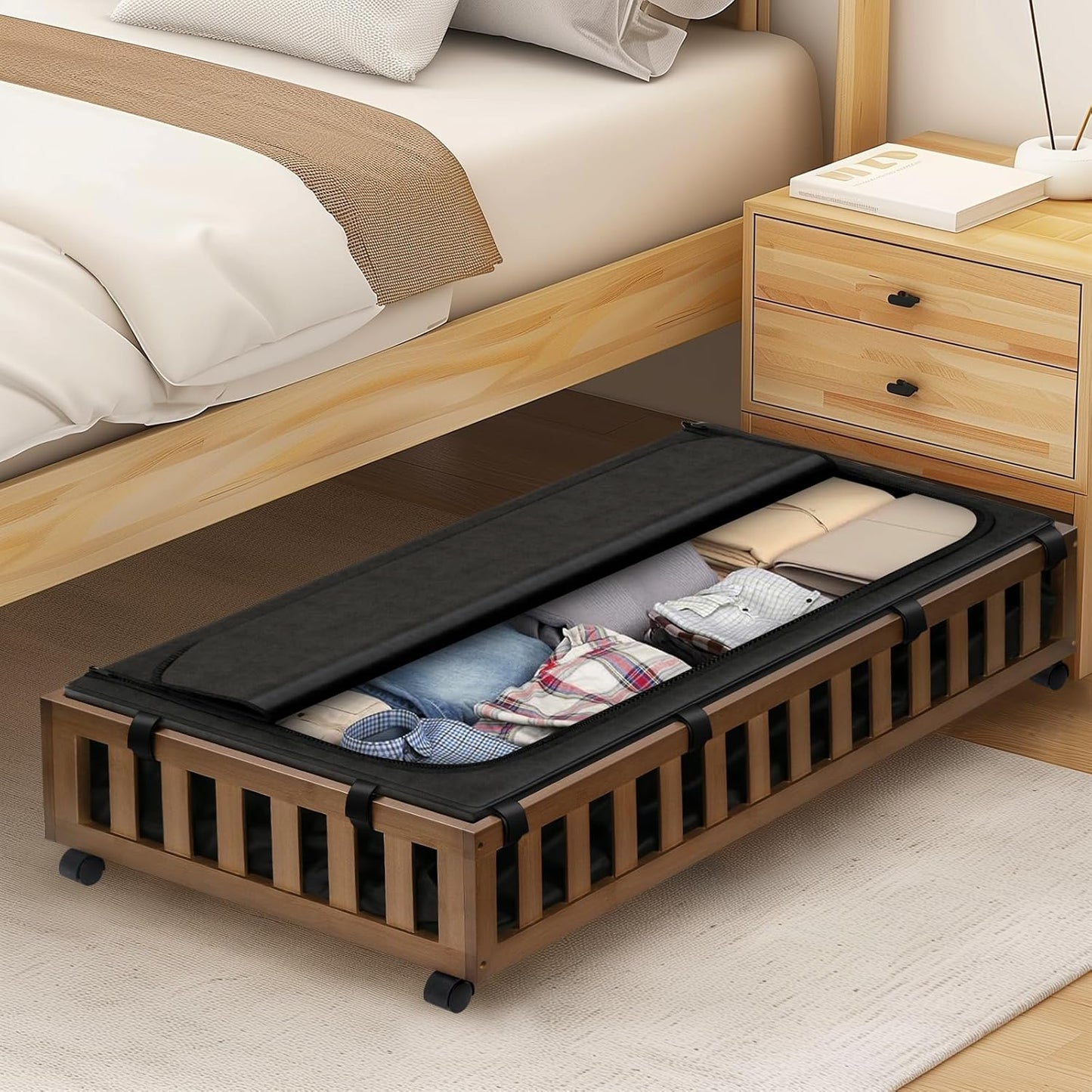 2 Pack Bamboo Under Bed Storage with Wheels, 39”x20”x7.8” Lager Under Bed Storage Containers (Brown)