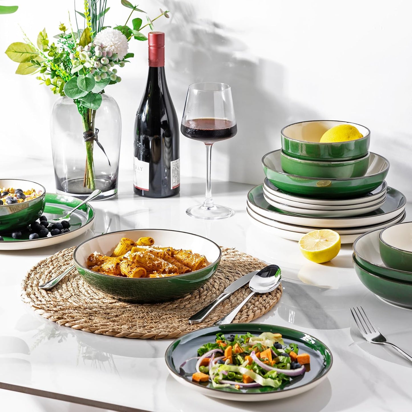 GBHOME Ceramic Dinnerware Sets with Pasta Bowl, 16 pcs Stoneware Dinnerware Set, Plates and Bowls Sets, Dishwasher & Microwave Safe, Dishes Set | Service for 4
