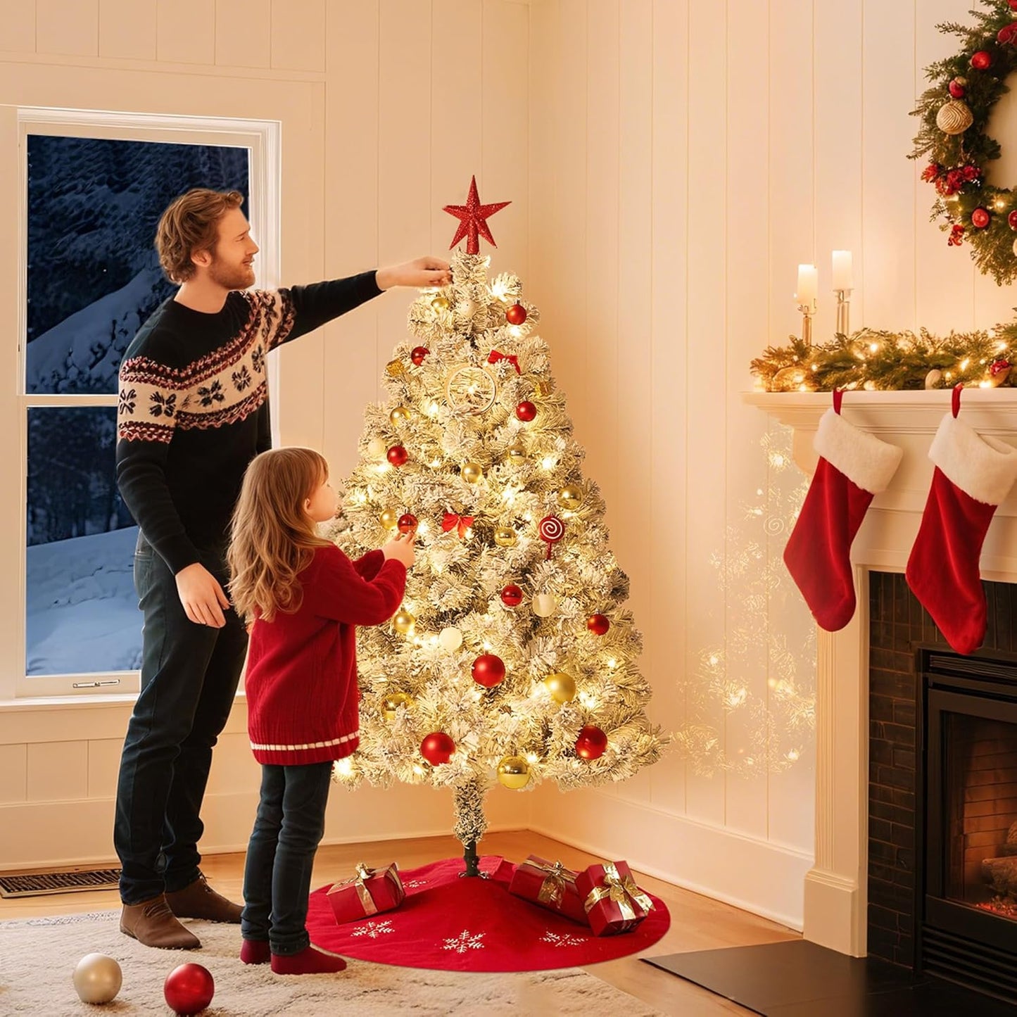 GarveeHome 6ft Prelit Artificial Christmas Tree with Warm White Lights, Snow Flocked Full Xmas Tree with 710 Branch Tips, 250 LED Lights & Foldable Stand, Green & White Christmas Decorations