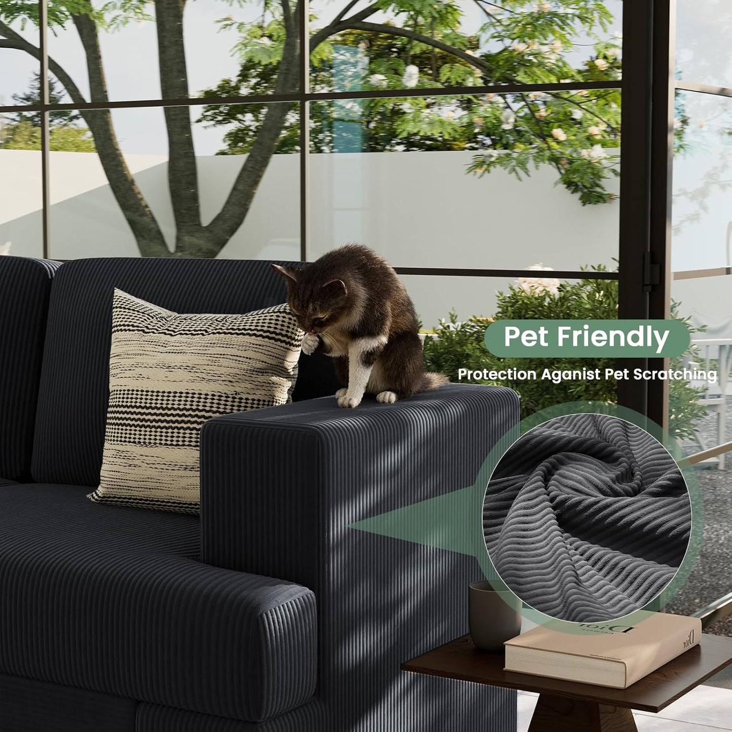 2 Piece Set Comfy Sofa Couch, 2 3-Seater Sofa with Deep Seats, Modern Sleeper Couch for Living Room, Black Corduroy