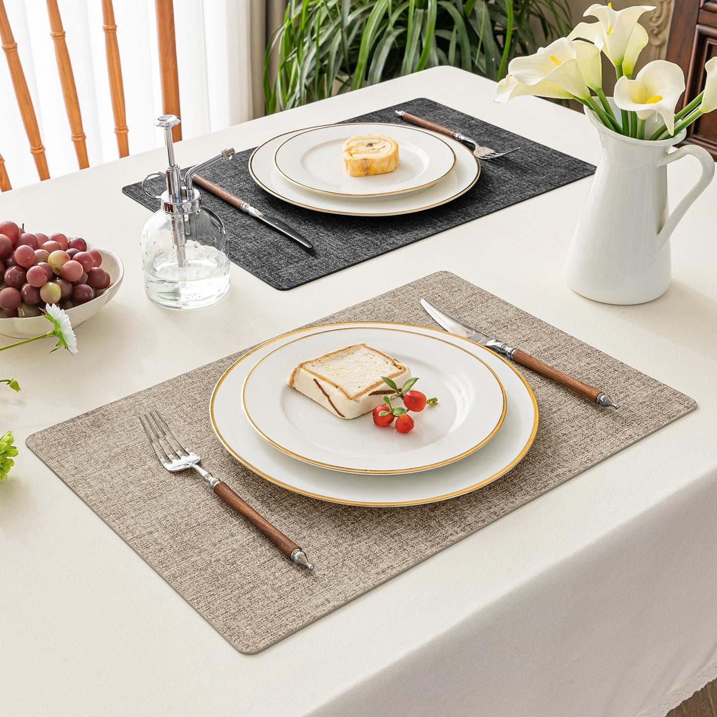Romanstile Reversible Vinyl Placemats Set of 8, Faux Leather 100% Waterproof Oil-Proof Wipeable Place Mats, Heat Resistant Dual Sided Table Mats for Kitchen/Dining/Party (Grey Khaki, 12 x 17 Inch)