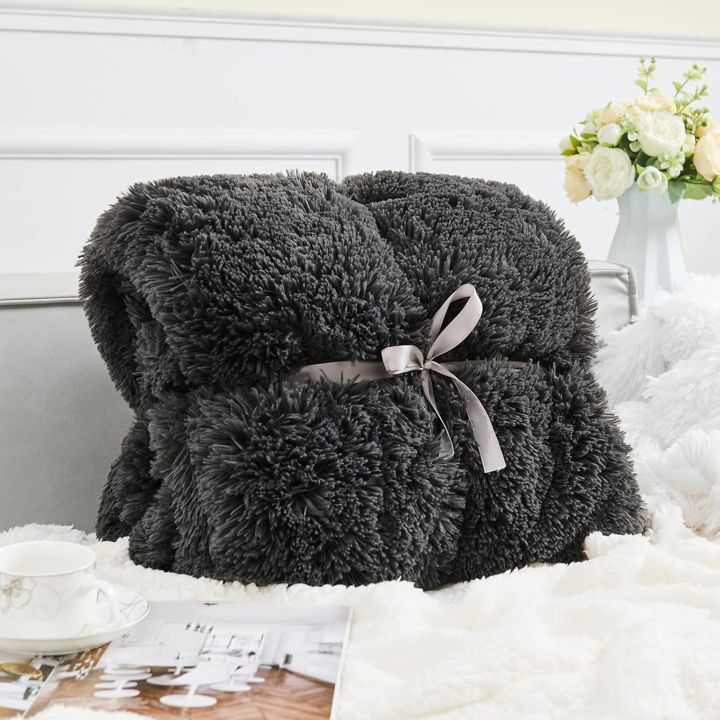 GONAAP Fuzzy Faux Fur Throw Blanket Queen Size Dark Grey Super Soft Cozy Plush Fuzzy Shaggy Blanket for Couch Sofa Bed (Dark Grey, Queen(90"x90"))