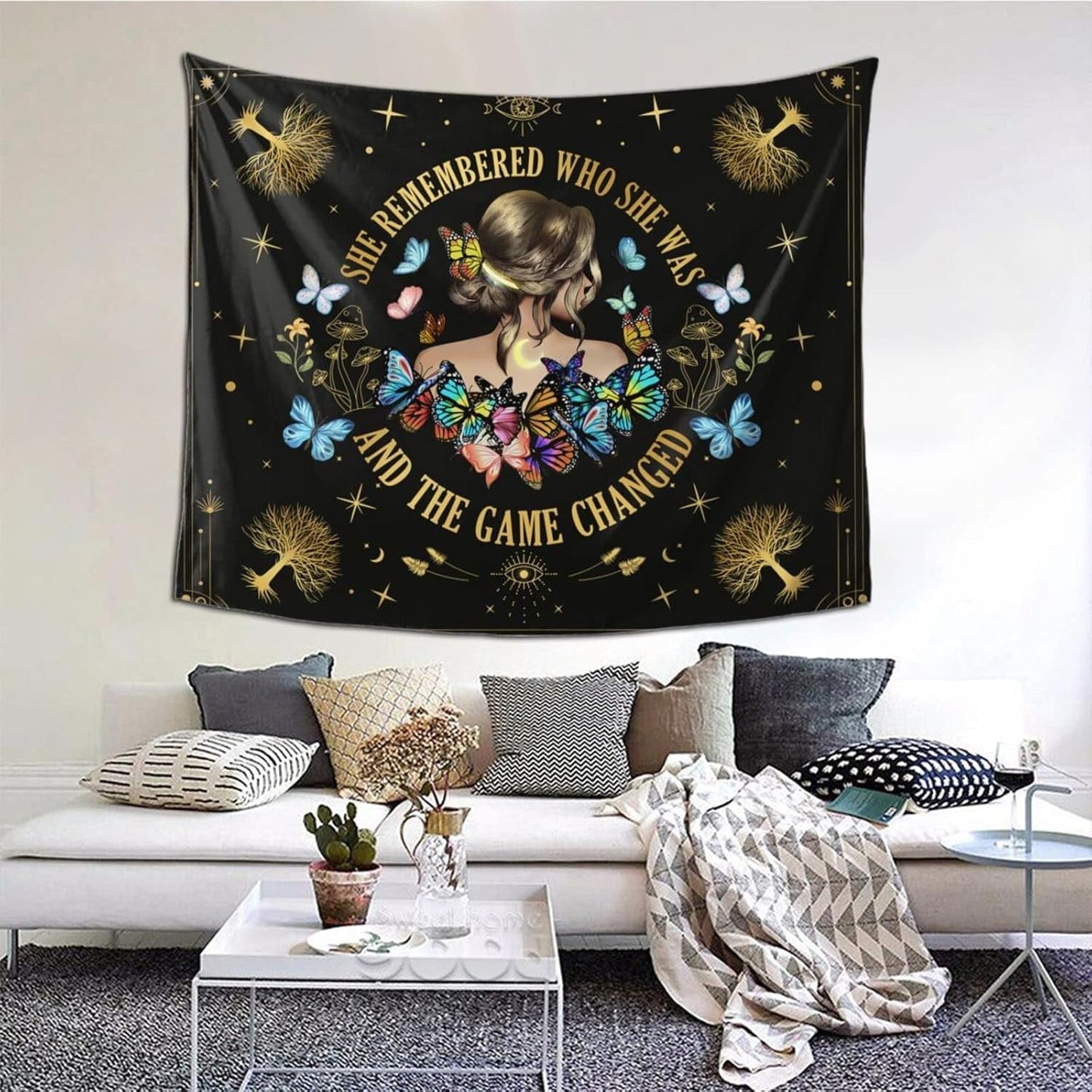 Bapcoku She Remembered Who She Was And The Game Changed Positive Quotes Tapestry Inspirational Gift Wall Decor for Bedroom,Uplifting Encouragement Gifts Butterfly Gifts for Women Teens Girls 60x50in