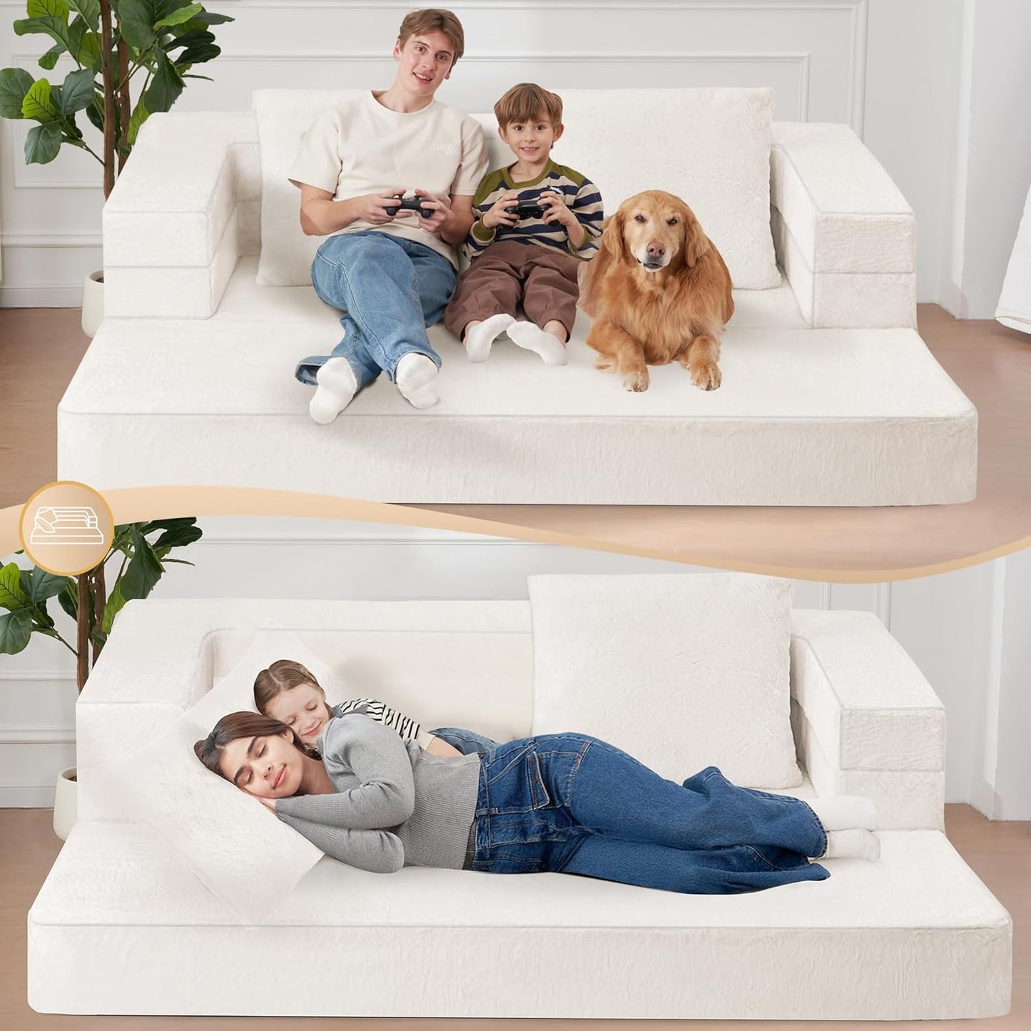 Folding Bean Bag Chair for Adults,3-in-1 Bean Bag Couch Faux Fur Floor Sofa Large Beanbag Convertible Bean Bag Sofa Bed with Pillow in Bedroom,Living Room,Apartment(Queen,Milky White)