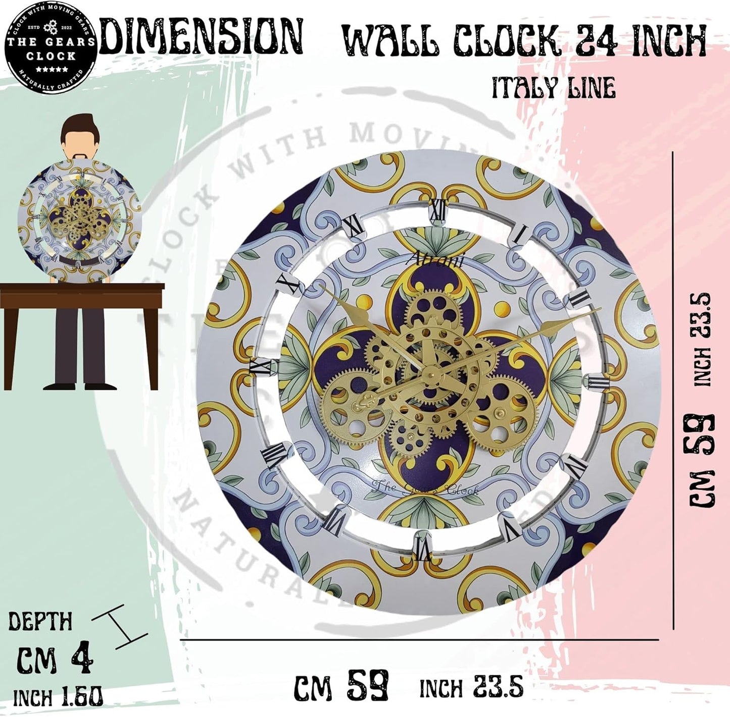 The Gears Clock Wall Clock Italy Collection with Moving Gears (Atrani, 24 inch Round)