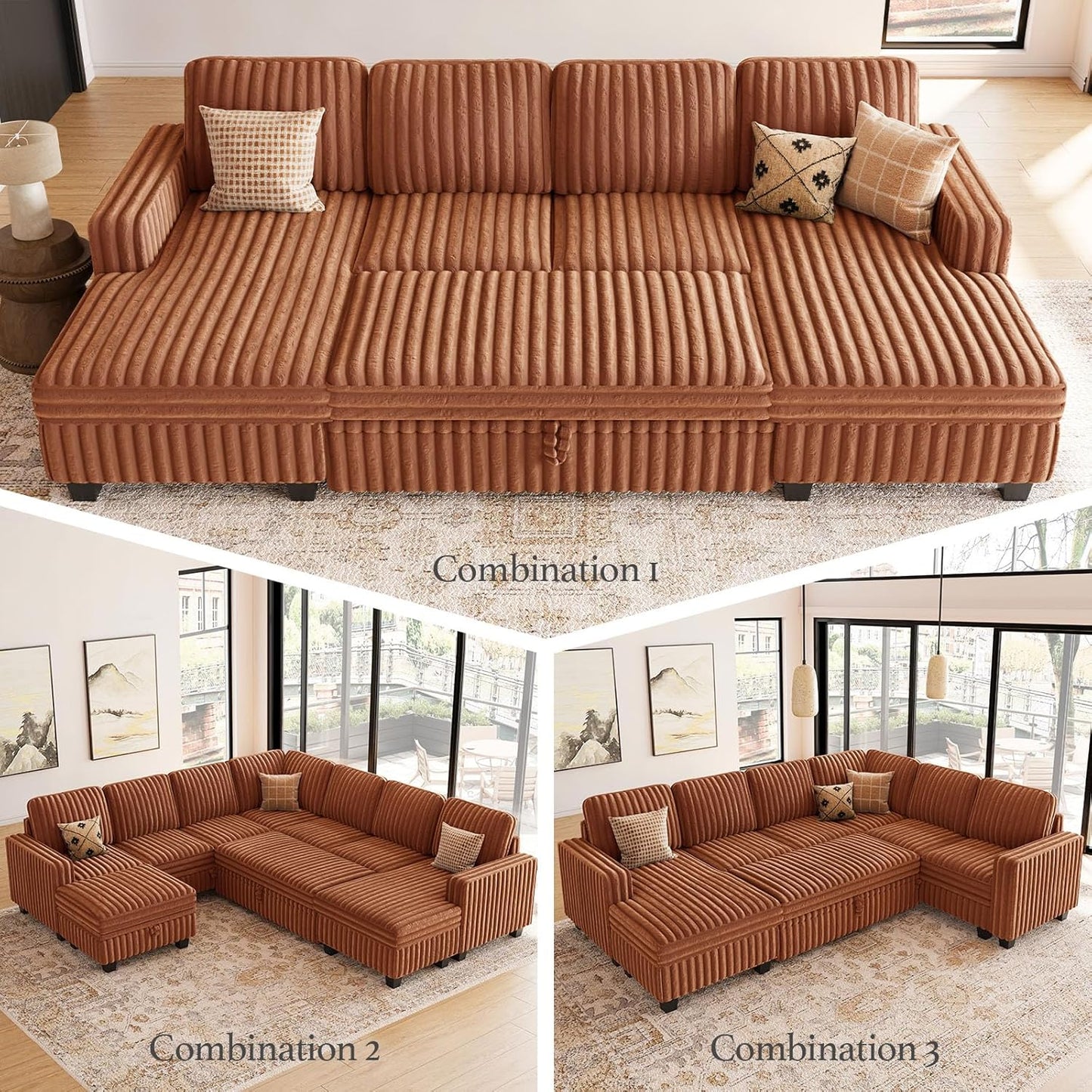 Belffin Plush Corduroy Modular Sectional Sofa with Pull Out Bed Convertible Small Sectional Corner Couch for Living Room Brick Red Couch