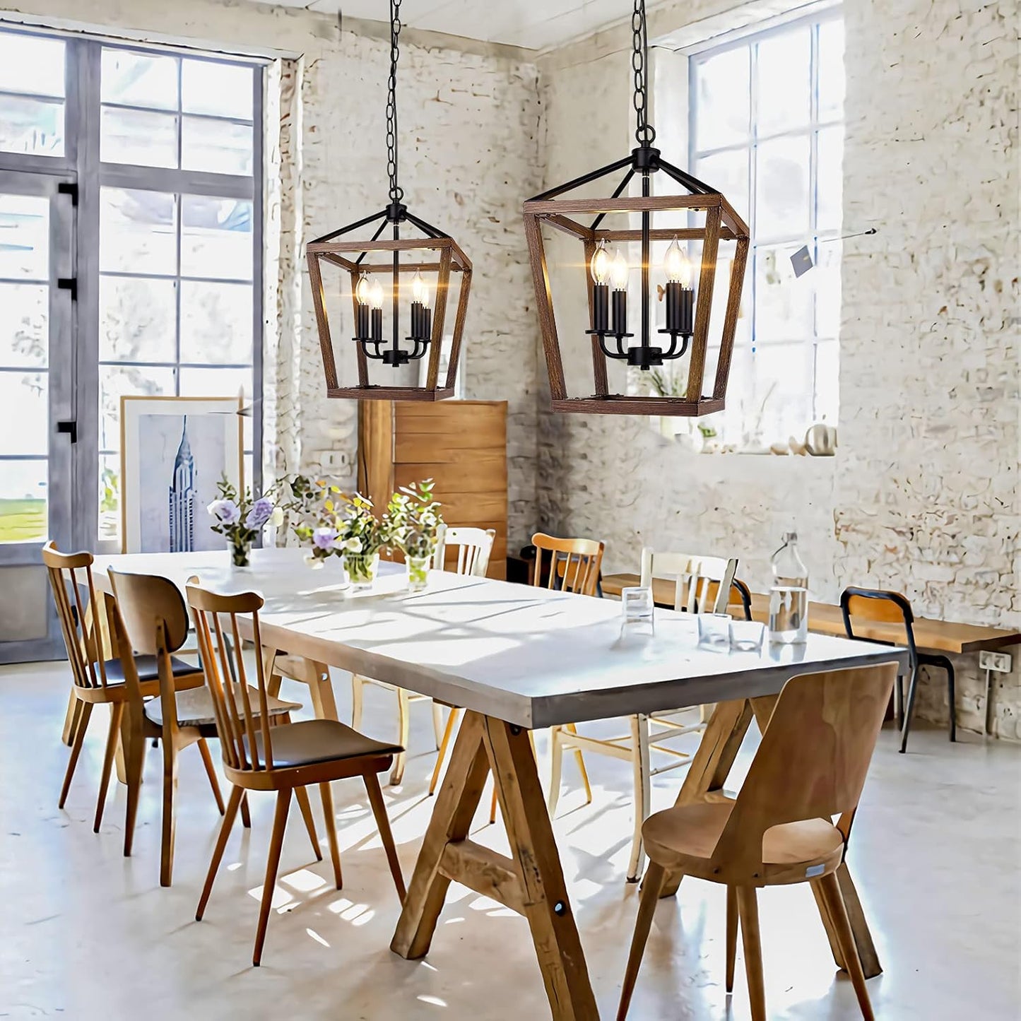 Farmhouse Chandelier Light Fixture for Kitchen Dining Room, 4-Light Rustic Pendant Hanging Ceiling Light Height Adjustable in Oak Wood Finish, Cage Lantern Lighting with E12 Base for Hallway Foyer