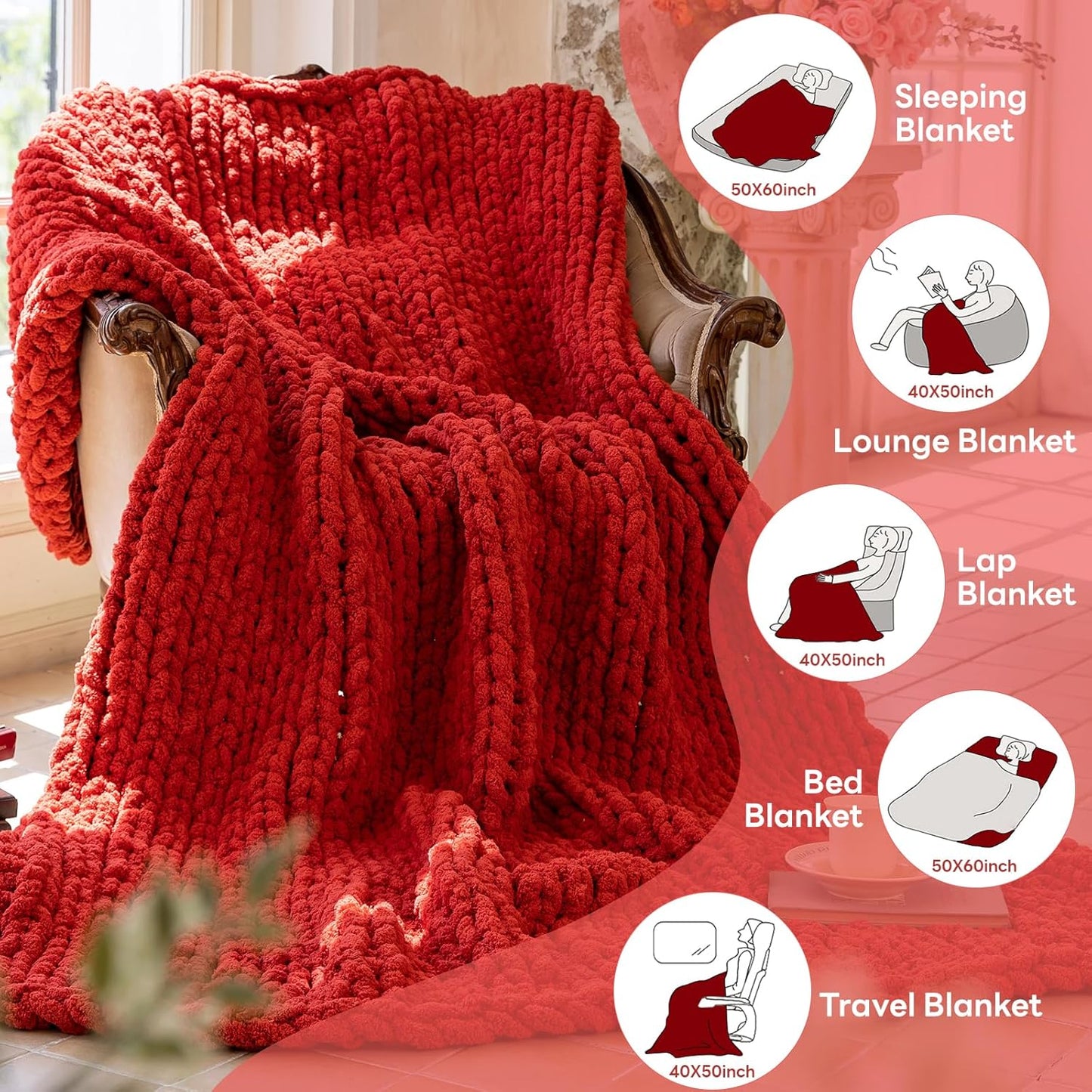 Chunky Knit Blanket - Luxury Soft Cozy 60 * 80 Throw Blanket,100% Woven Blanket Rope Knot Throw Blanket for Couch, Sofa, Home Decor, Gift - Machine Washable(Wine red)
