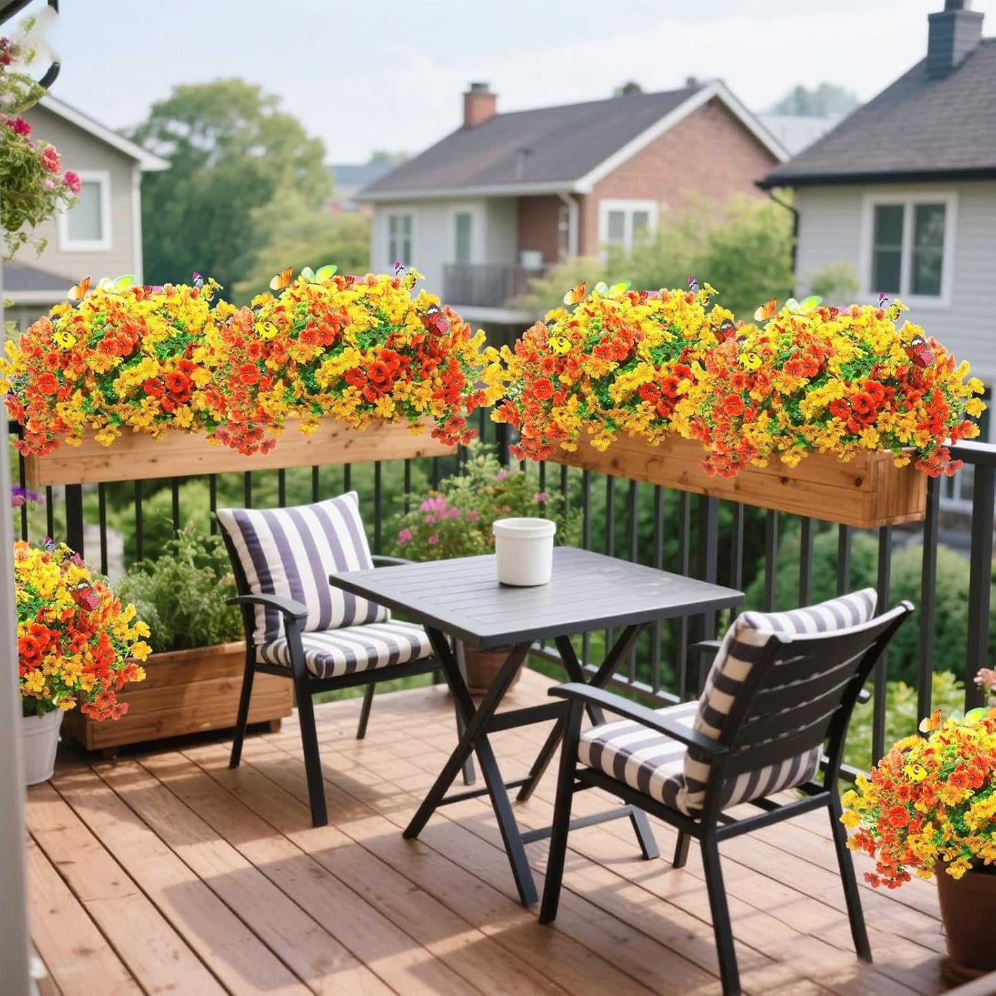 20 Bundles Artificial Flowers for Outdoors with 6 Faux Butterflies, UV Resistant Fake Flowers with Eucalyptus Leaves, Artificial Plants Outdoor for Patio Garden Porch Home Decor (Orange Yellow)