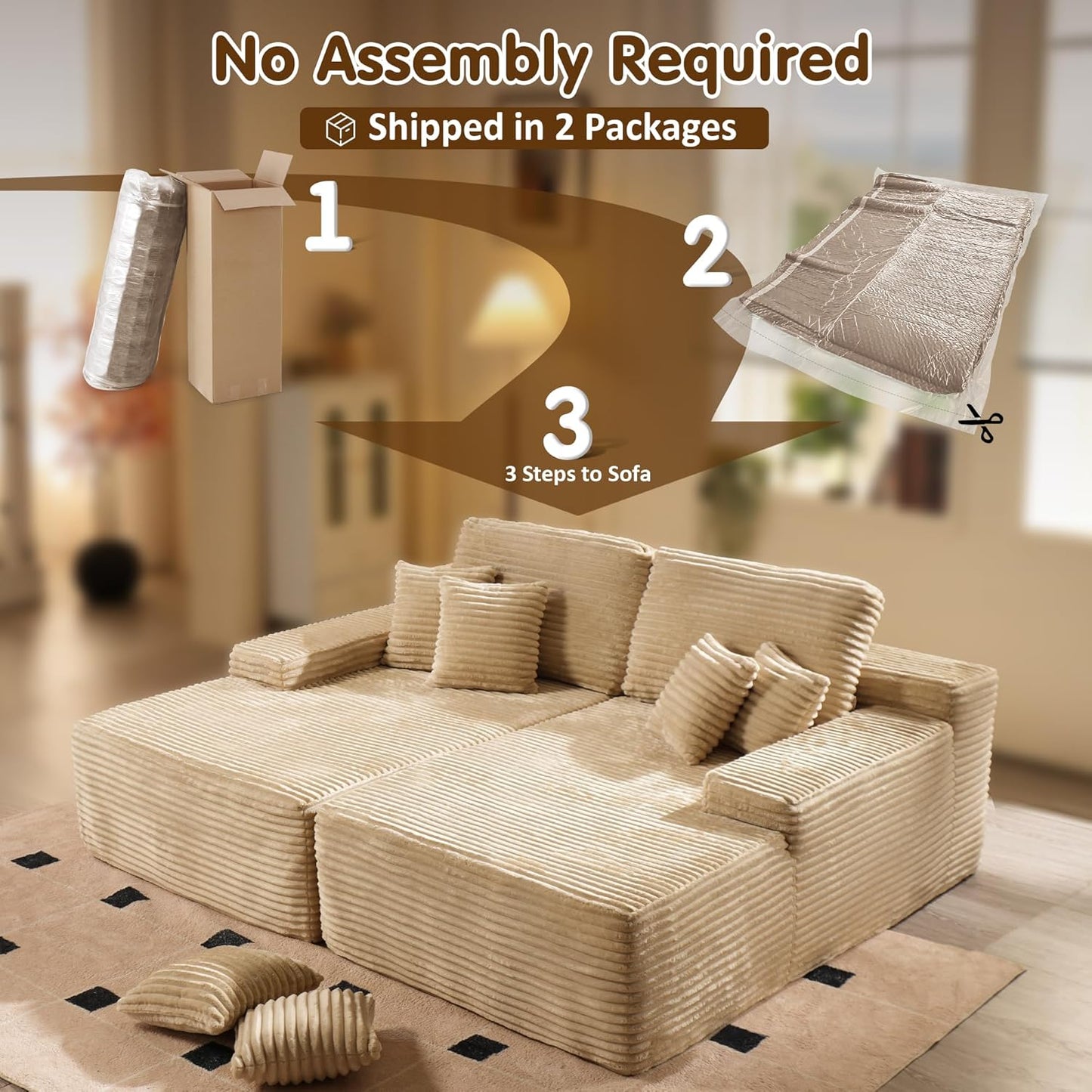 ovios 81" Oversized Sectional Double Lounge Chaise with Cloud Plush Sofa Bed, No Assembly Required, Fluffy Modern Sleeper Loveseat Chair for Indoor Living Room Bedroom Reading, Beige (Plush Fabric)
