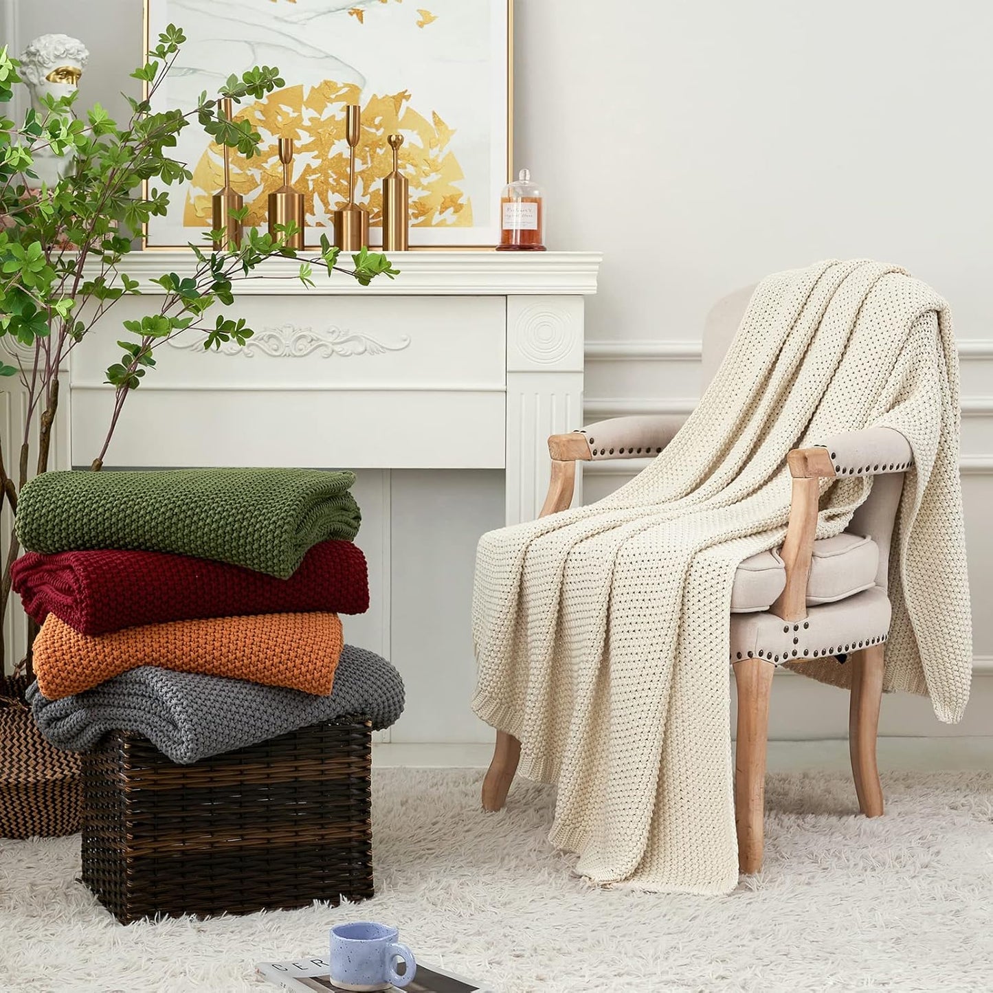 Chunky Cable Knit Throw Blanket Lightweight Burnt Orange 100% Organic Cotton Blanket for Sofa Couch Bed Baby Nursery, Rustic Shabby Chic Modern Farmhouse, 51” x 63” Give Laundering Bag
