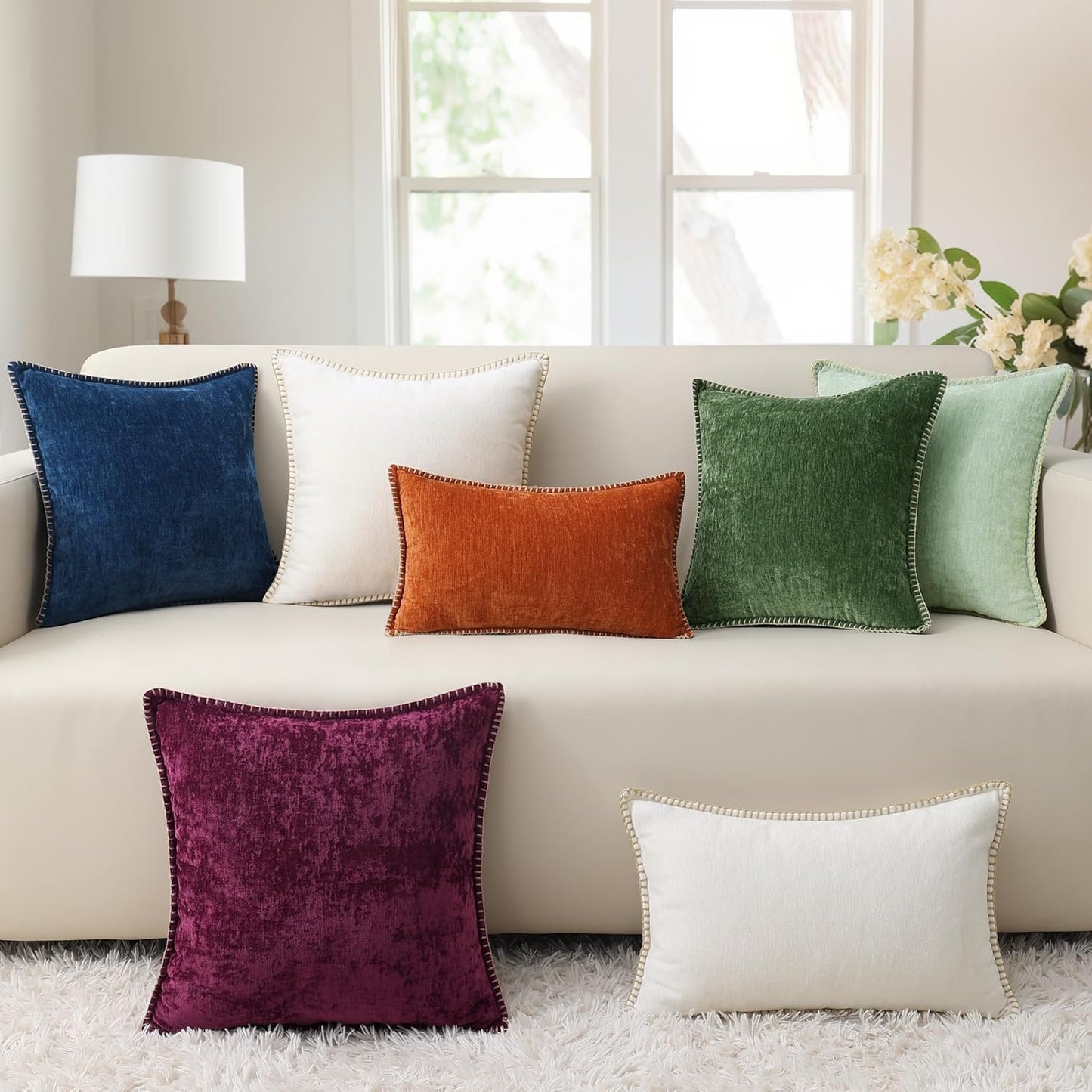 decorUhome Chenille Soft Throw Pillow Covers 16x16 Set of 2, Farmhouse Velvet Neutral Decorative Euro Pillow Covers with Stitched Edge for Couch Sofa Bed Home Decor, Poseidon