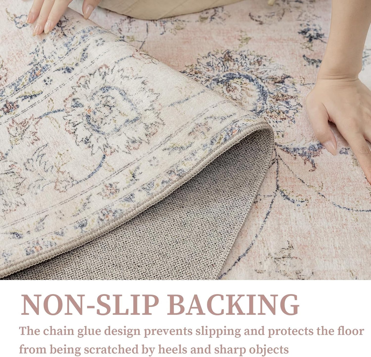 3'x5' Vintage Floral Rug - Persian Inspired Low-Pile Faux Wool Area Rug, Non-Slip Washable Small Rug for Bedroom, Nursery, Dorm, Soft Pink Boho Chic Decor