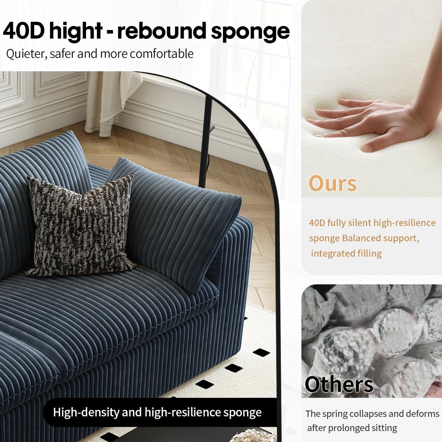 118" Cloud Couch Oversized Modular Sectional Sofa for Living Room,Modern Sofa with Deep Seat,V Shaped Boneless Couch,Comfy Upholstered Corduroy Couches for Apartment, Studio, Office,Bedroom,Blue