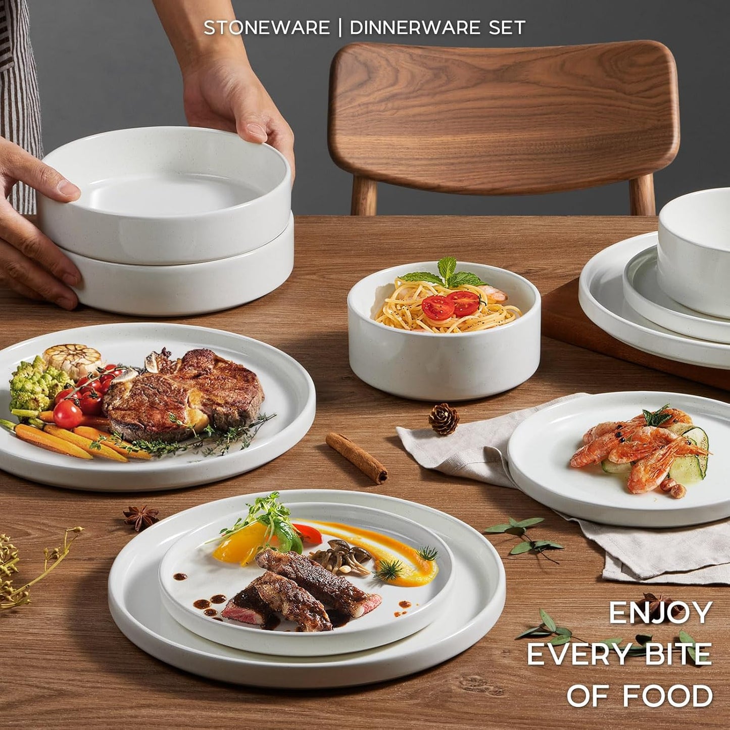 Onader 24 Piece Dinnerware Sets with Pasta Bowls for 6, Stoneware Plates and Bowls Dish Sets, Ceramic Speckled Dinner Dishware for Kitchen Dining, Microwave & Dishwasher Safe - Cloud White