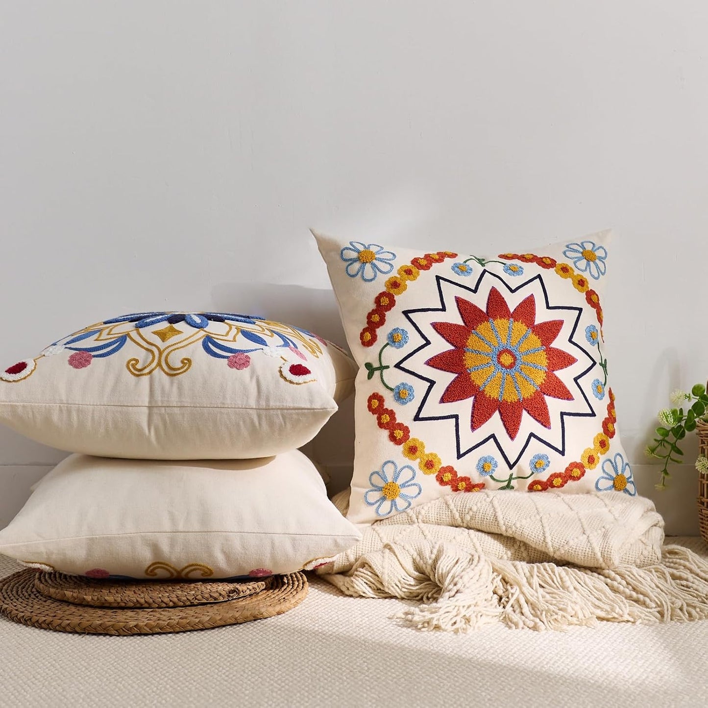 Embroidered Throw Pillow Cover 18x18 Classic Fall Boho Floral Pattern Pillows Cover Outdoor Decorative Pillowcase,Durable Cozy Textured Cushion Case for Sofa Couch Bed Living Room,Orange