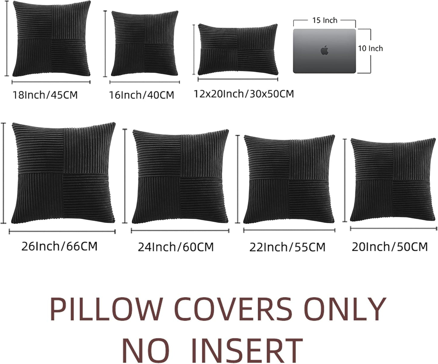 Fancy Homi 2 Packs Black Euro Decorative Throw Pillow Covers 28x28 Inch for Couch Bed Sofa, Rustic Farmhouse Boho Home Decor, Soft Corss Corduroy Patchwork Textured Square Cushion Case 71x71 cm