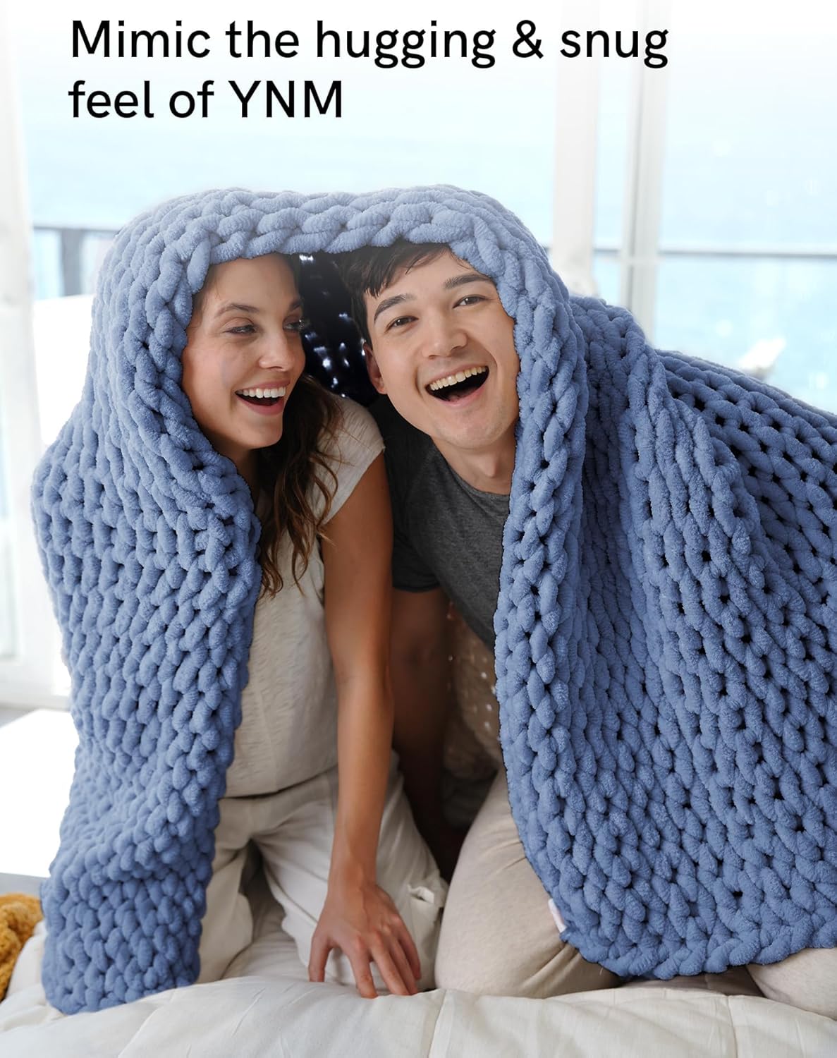 YnM Chunky Throw Blanket, Medium-Weight, Hand Knitted with Chenille Yarn, Skin Friendly, Ventilated and Breathable, Machine Washable, Home Décor Piece for Couch Sofa and Bed (Chambray Blue 40x50 Inch)