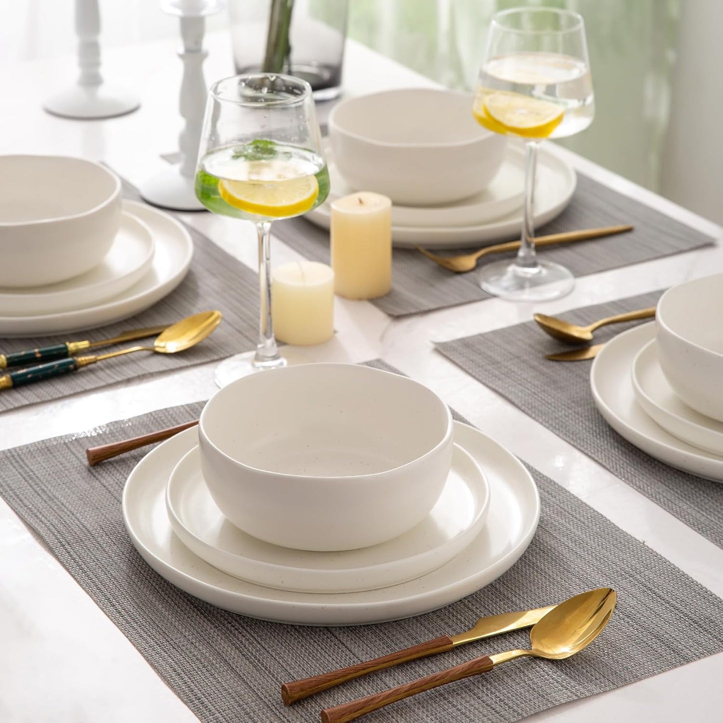 AmorArc Ceramic Dinnerware Sets, Wavy Rim Stoneware Plates and Bowls Sets,Highly Chip and Crack Resistant | Dishwasher & Microwave & Oven Safe Dishes set, Service for 8 (24pc)-Matte Speckled White