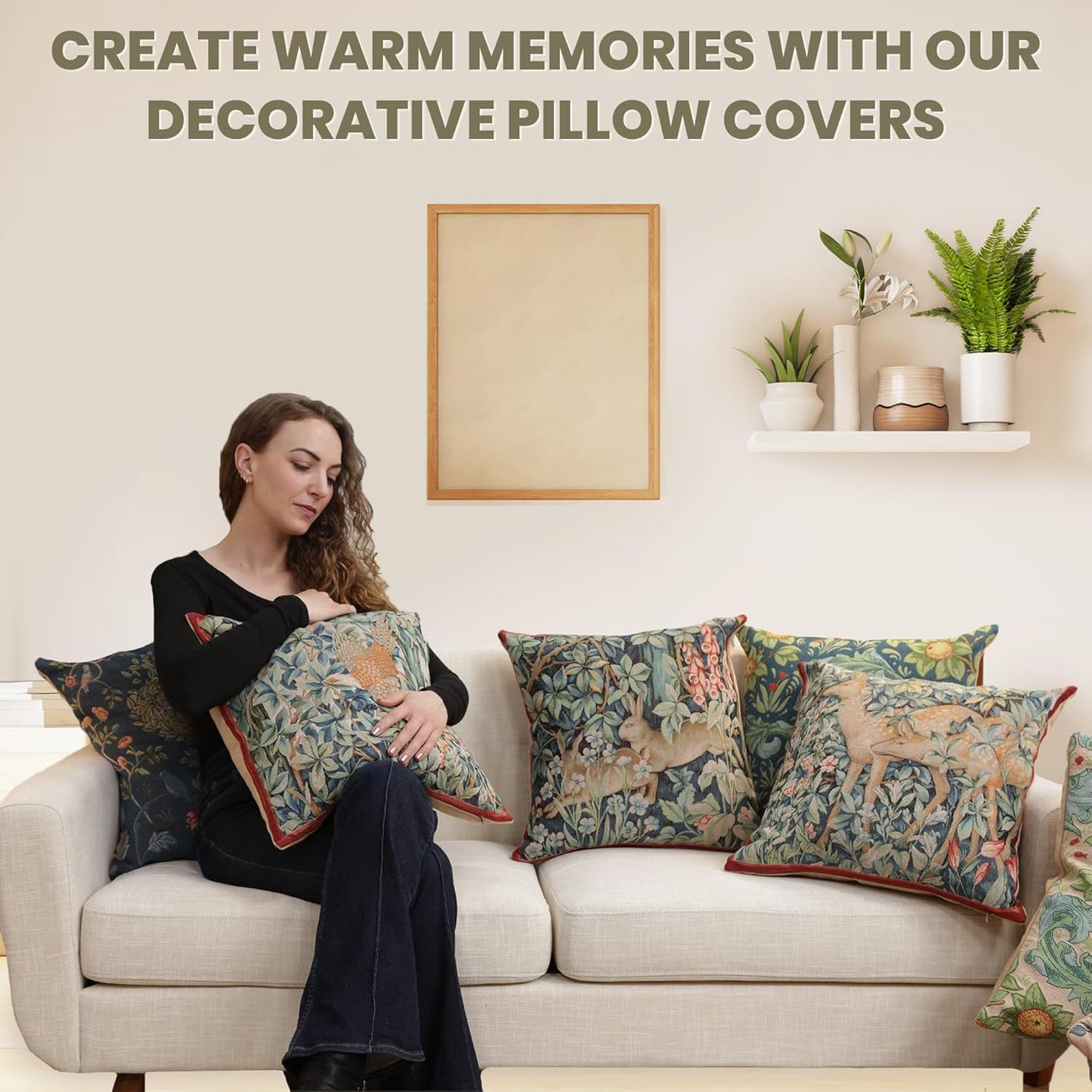 Charlotte Home Furnishings Decorative Tapestry Pillow Cover 19x19 in, Green Woodpecker Couch Pillow Cover, French Country Square Cushion Cases for Living Room Home Decor, Soft Cotton Jacquard Woven