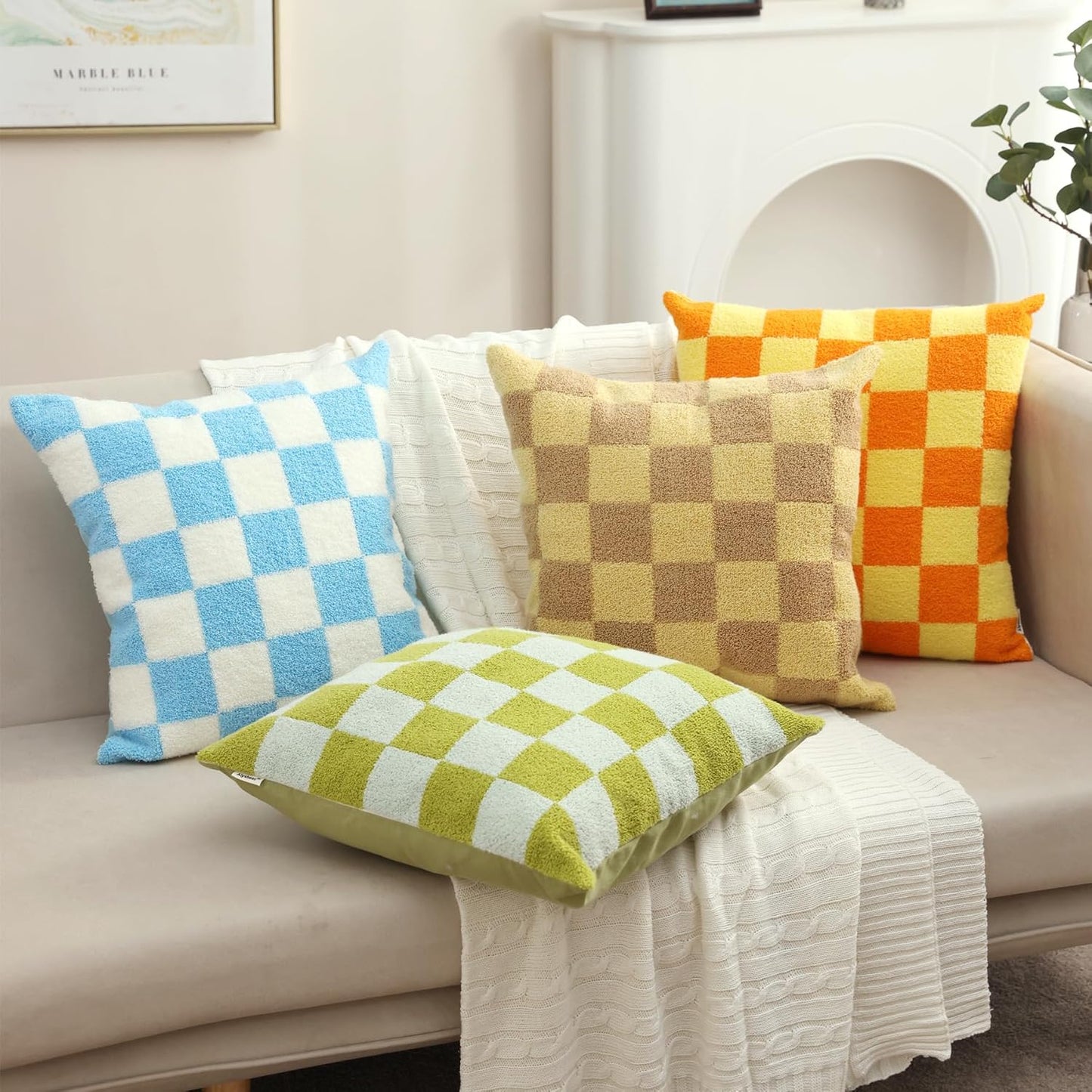 Alysheer Checkered Embroidered Decorative Throw Pillow Covers 18"x 18" Set of 2, Farmhouse Cottage Blue Green Designer Plaid Patterned Cotton Accent Cushion Case for Sofa Couch Bed Living Room