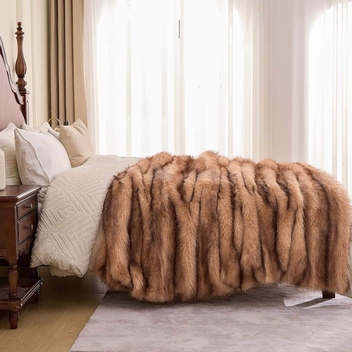 Fluffy Faux Fur Throw Blanket – Super Soft Warm Thick Plush Blanket for Bed, Couch & Office, Cozy Fuzzy Throw with Flannel Backing,90"x90", Brown