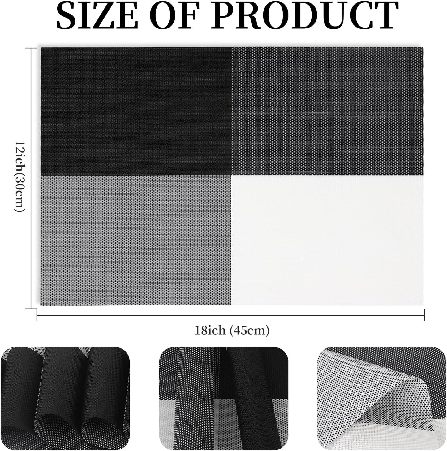 Vinyl Plastic Placemats Set of 6 Washable Heat Resistant Non-Slip Elegant Indoor Outdoor Kitchen Dining PVC Woven Table Place Mats (Black White Lattice Block)