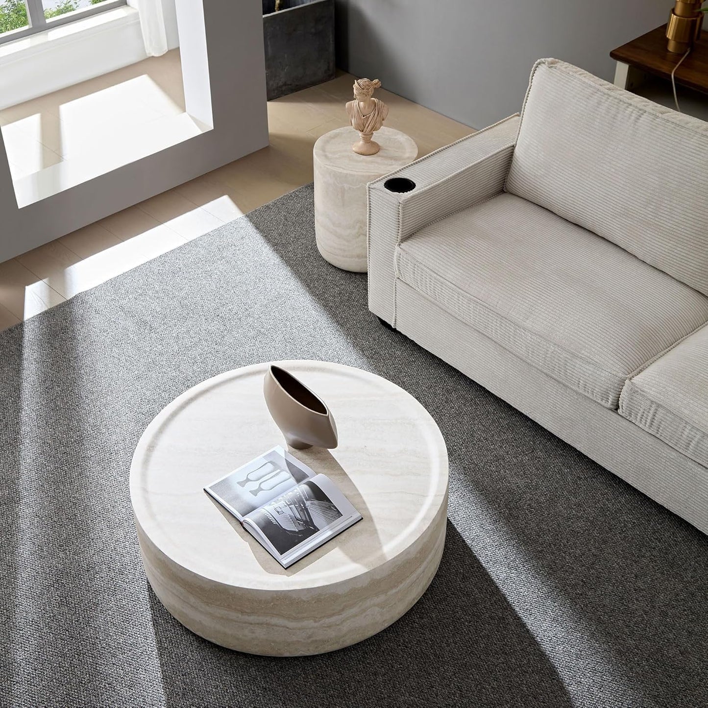 Coffee Table and Side Table Set, Round Faux Marble Coffee Table Set of 2 for Living Room, Luxury Circle End Table Modern Drum Center Tables for Apartment Office