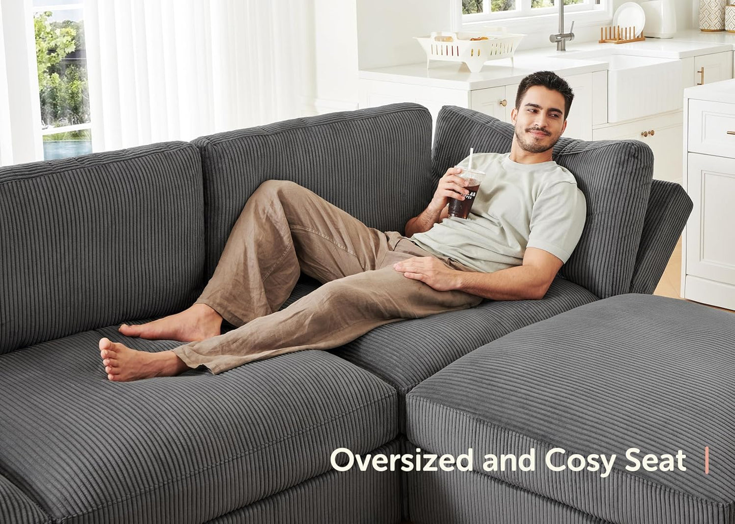 HONBAY Modular Sectional Couches with Storage Corduroy Sleeper Sofa Modular Sectional Couches for Living Room,Dark Grey