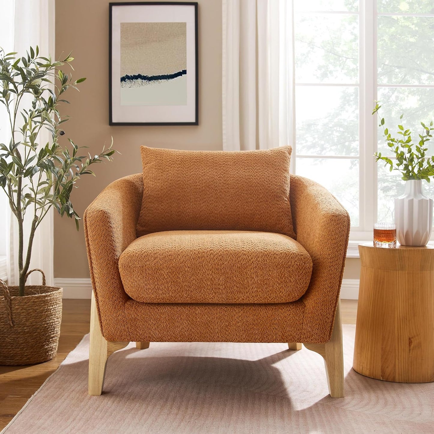 Accent Chair 31" Oversized Reading Chair Comfy Upholstered Boucle Lounge Armchair, Modern Living Room Chair with Back Pillow,Single Sofa Chair for Bedroom, Office (Curry)