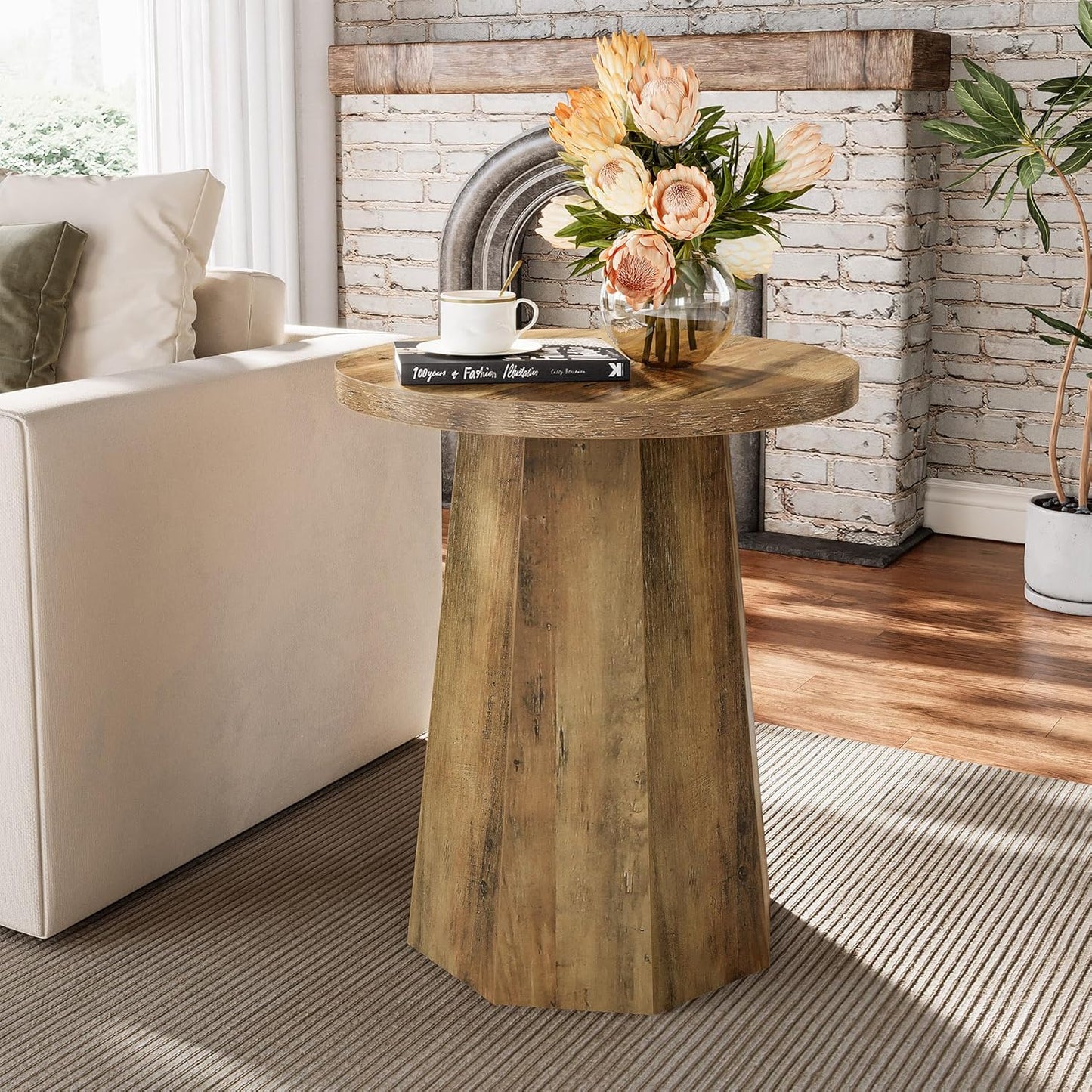 Tribesigns Round Pedestal End Table, Farmhouse Couch Side Table with Octagonal Base, Nightstand Accent Wooden Drink Stand (2, Rustic Brown)