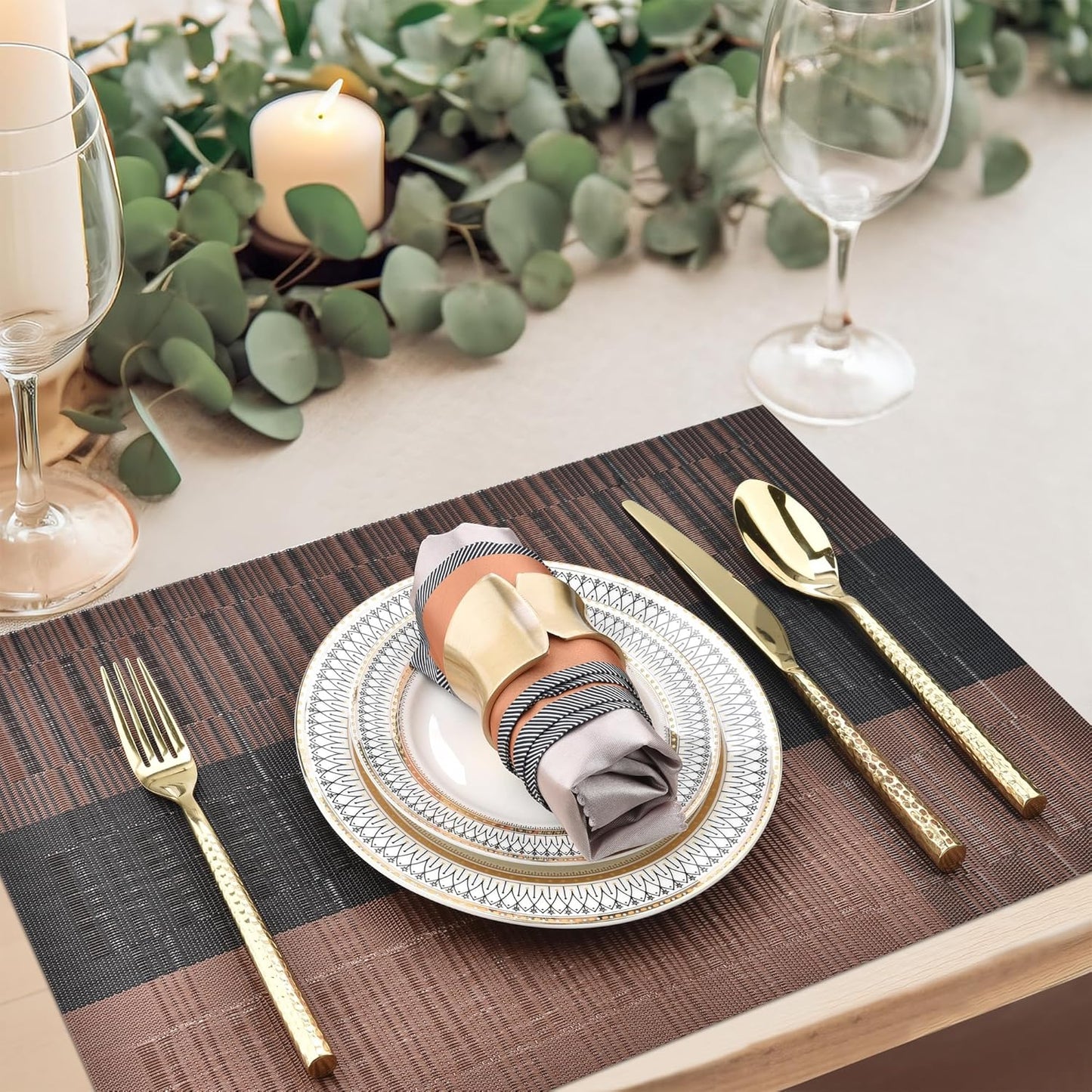 Placemats Set of 8 - Easy Clean Modern Durable Washable Vinyl Place Mats - Heat Resistant Placemats for Kitchen Table - PVC Table Mats for Dining Table (Brown Black, 8)