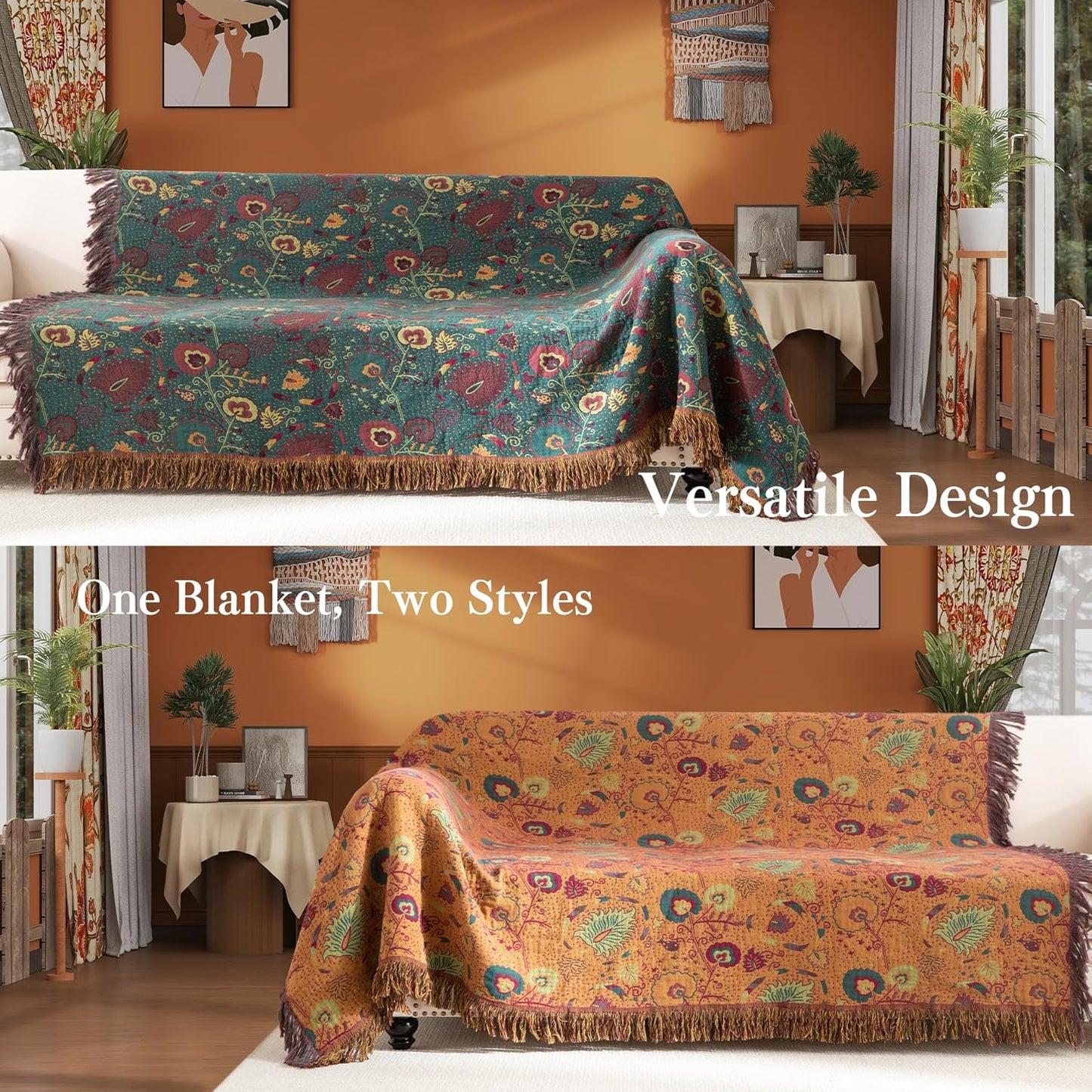 Boho Throw Blanket Twin Size, Soft Cozy Cotton Muslin Quilt Blanket for Bed Decor, Floral Patterned Couch Sofa Chair Cover, Vintage Farmhouse Cottage Tapestry Woven Blanket, Green&Orange