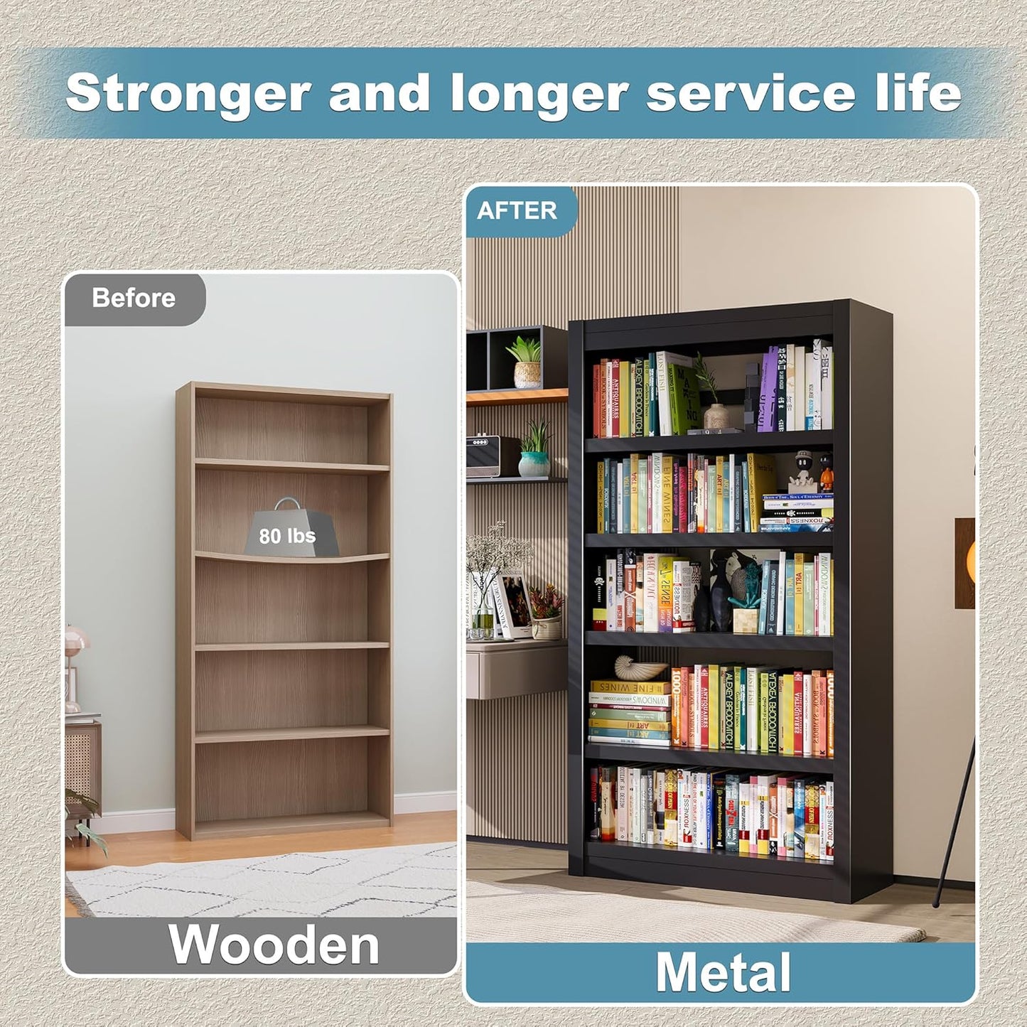 Bookshelf, 5-Tier Sturdy Bookcase, Adjustable Book Shelf, Large Capacity per Shelf, Modern Book Shelf for Living Room, Home Office, Garage, Perfect for Home Organization & Small Space Living