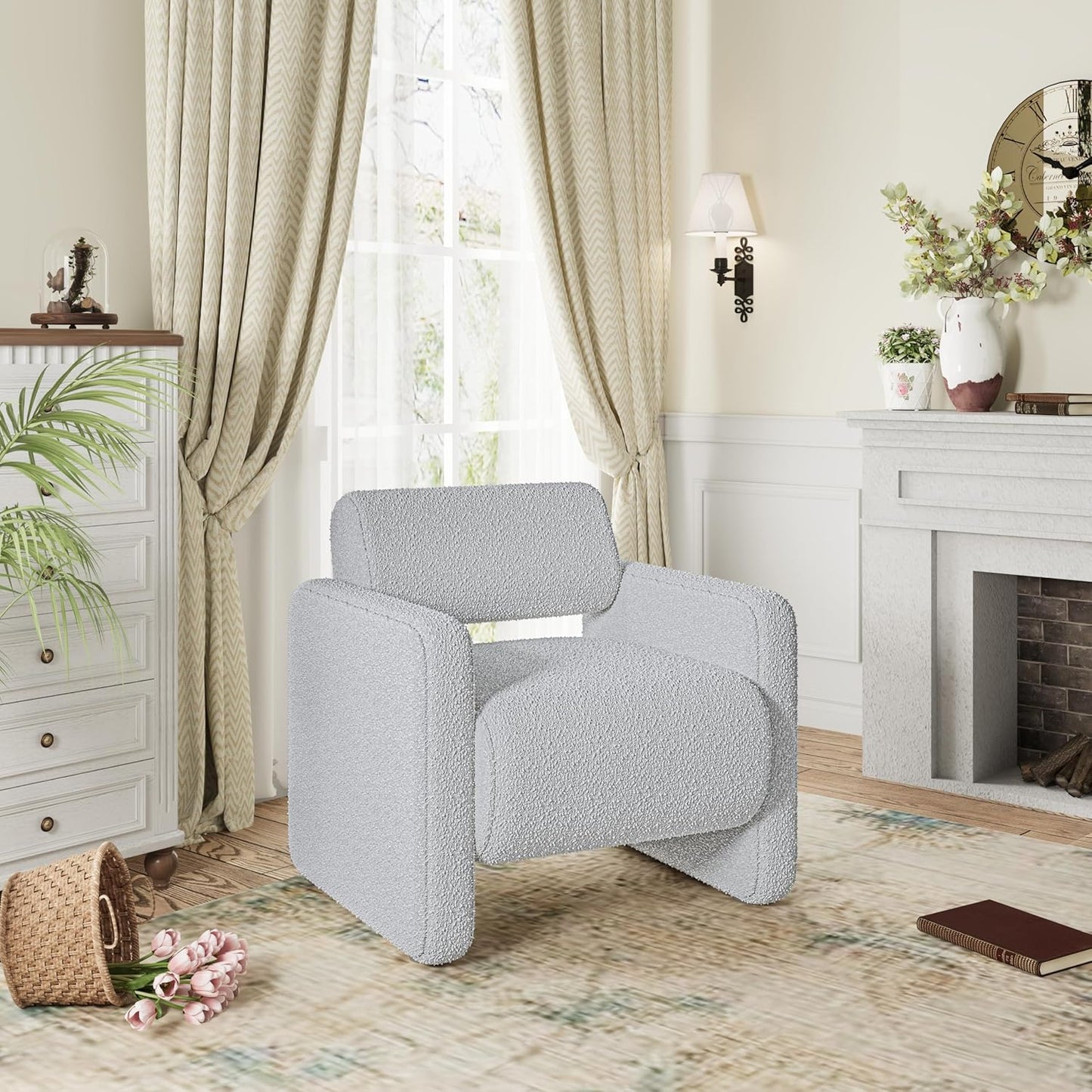 Accent Chair, Modern Boucle Fabric Armed Chair, Comfortable Single Sofa Chair for Living Room, Solid Wood Frame, Comfy Side Chair for Bedroom, Office, Reading(Grey)