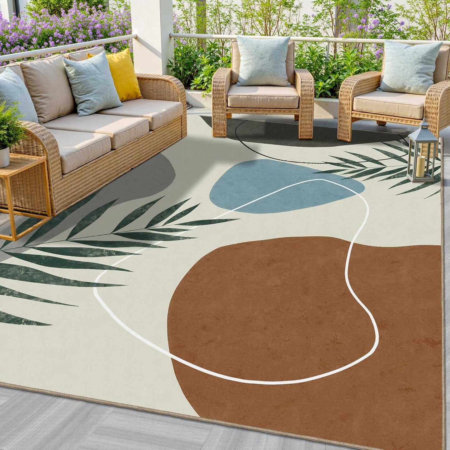Indoor Outdoor Area Rug, Mid Century Outdoor Patio Rug, Washable Abstract Art Leaves Eucalyptus Rugs, Non-Slip Carpet for Camping, Living Room, Bedroom, Deck(5x8)