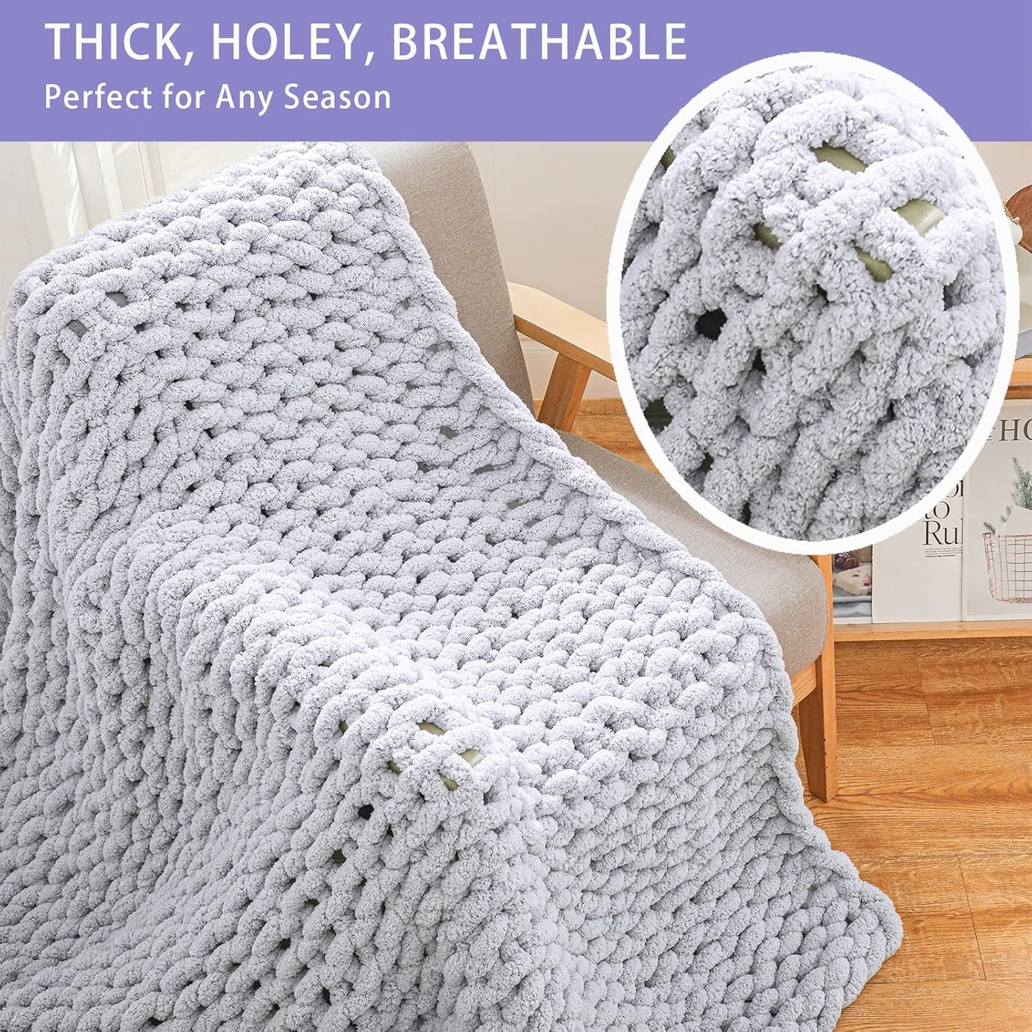 Bigacogo Chunky Knit Throw Blanket for Couch, 80x90 inches, 100% Hand Knitted with Thick Jumbo Chenille Yarn, Cozy Soft Large Rope Knot Cable Crochet Blankets for Sofa Bed Living Room, Light Grey