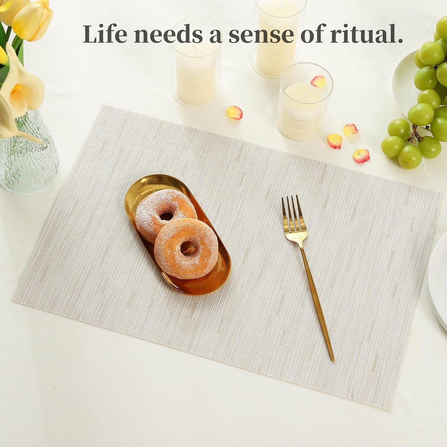 Leetaltree Pale Beige Placemats Set of 8 - Heat Resistant Non-Slip Place mats for Dining Table, Washable Durable PVC Vinyl Woven Table Mats(Pale Beige, 8)