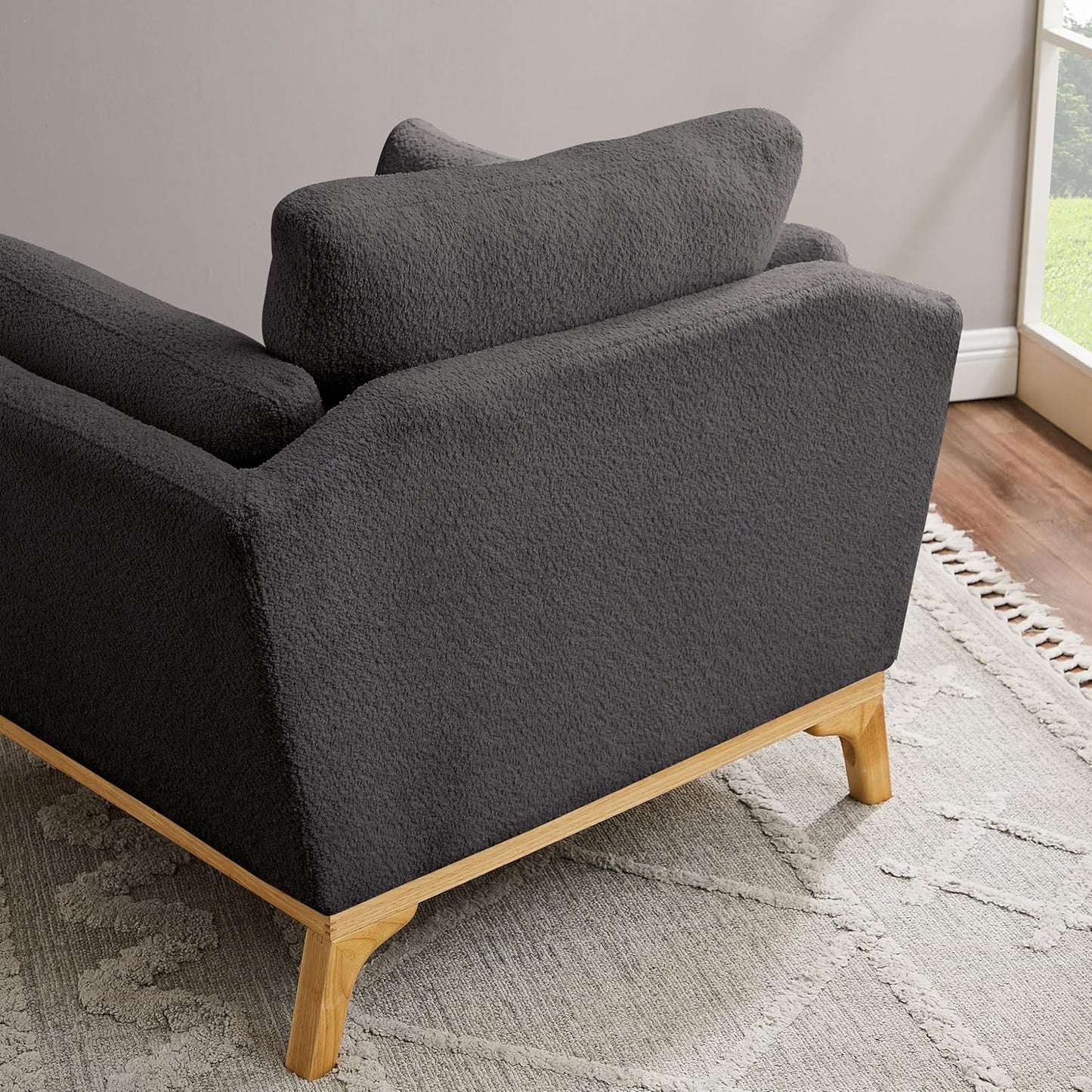 Large-Sized Accent Chair, Thick Cushion Bedroom Reading Chair, Comfortable Living Room Single Sofa, Boucle Dark Gray