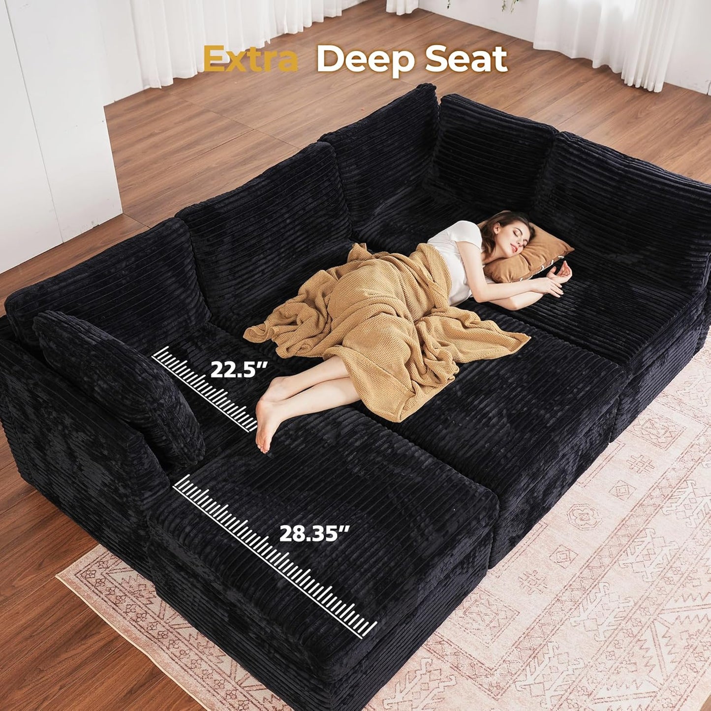 HOOOWOOO Modular Sectional Sofa,5 Pieces Sectional Couches for Living Room,98X66 L Shaped Cloud Couch with Ottoman Chaise Set(Black Velvet Corduroy)