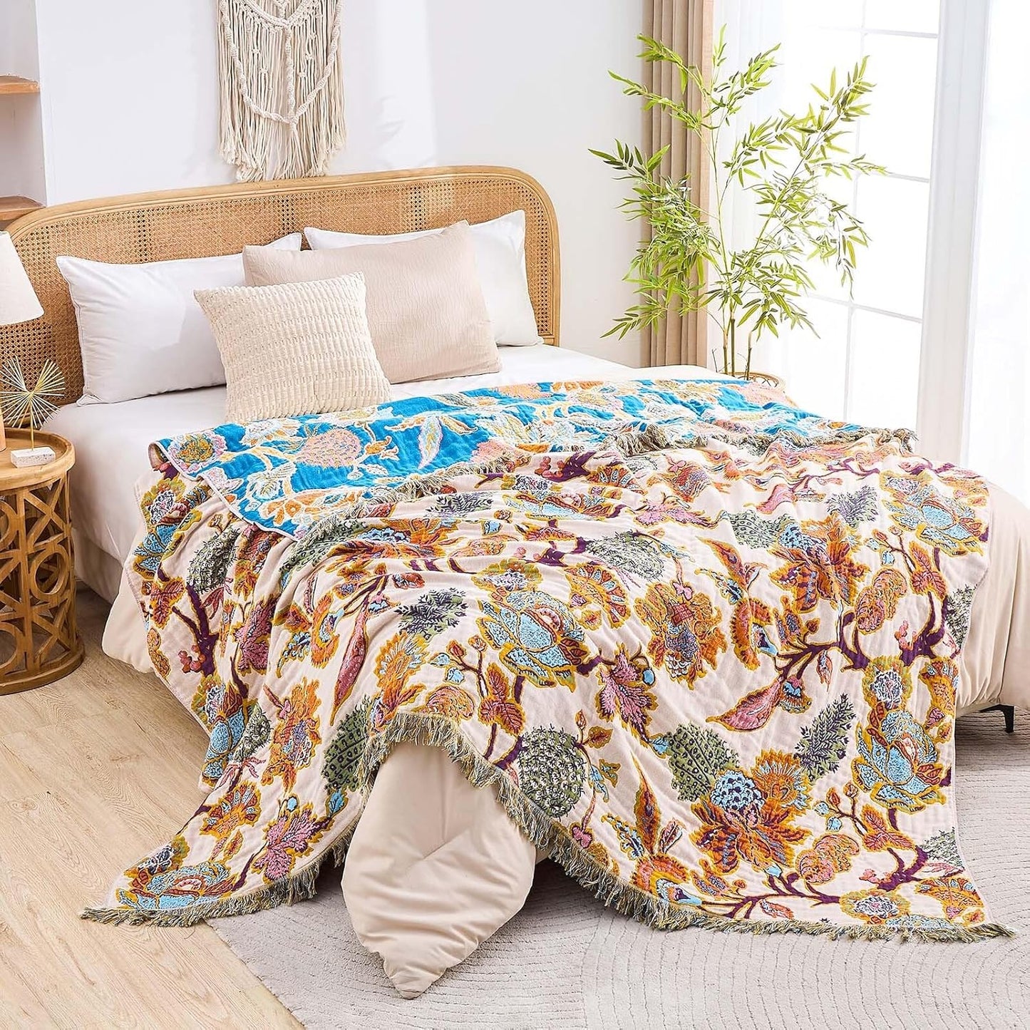 Boho Throw Blanket for Bed, 100% Cotton Soft Rustic Quilt Fall Blanket, 90"x98" Floral Printed Farmhouse Decor Bed Blankets, All Season Rustic Reversible Bohemian Throw Quilt