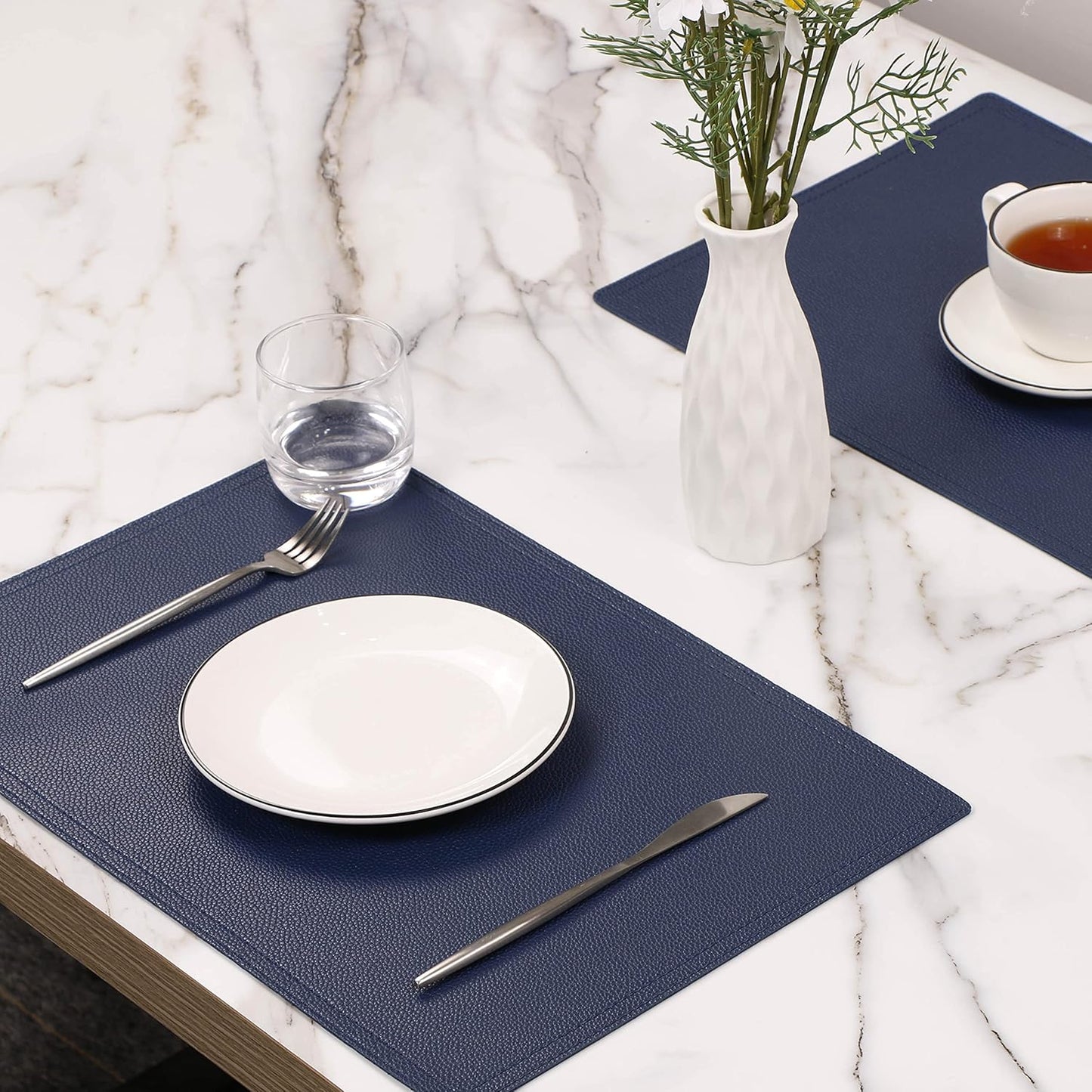 Faux Leather Placemats, PU Table Mats, Set of 4, Waterproof, Stain Resistant, Heat Resistant, Non-Slip Easy to Clean for Kitchen Dining Table,Conference Table C Blue Rectangle