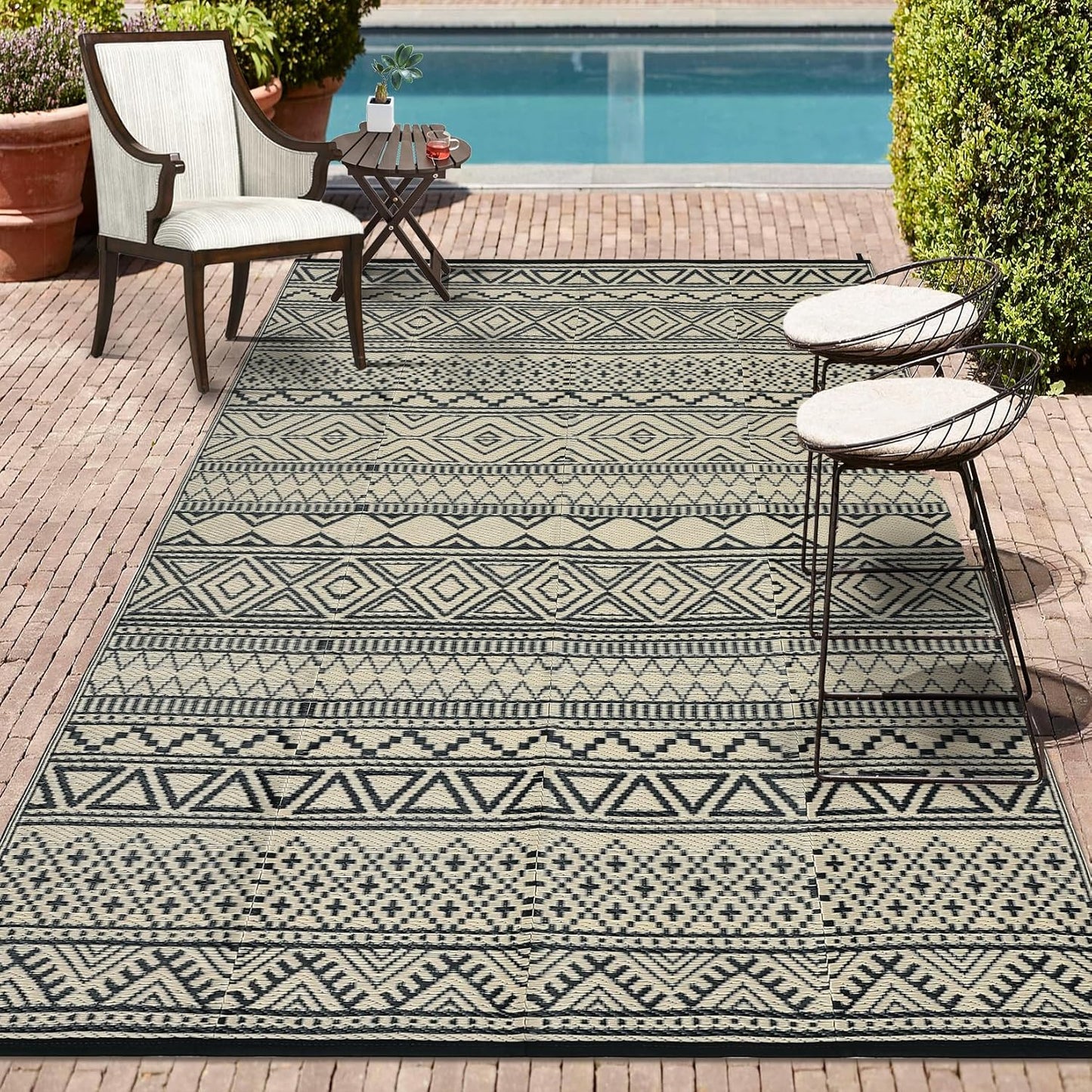 GAOMON Outdoor Rug 9'x12' Waterproof Rug for Patio Decor, Foldable Reversible Plastic Straw Area Rugs Mat for Camper, Outside Carpet for Deck, Porch, Picnic, Beach, Black/Coffee(Bohemia)