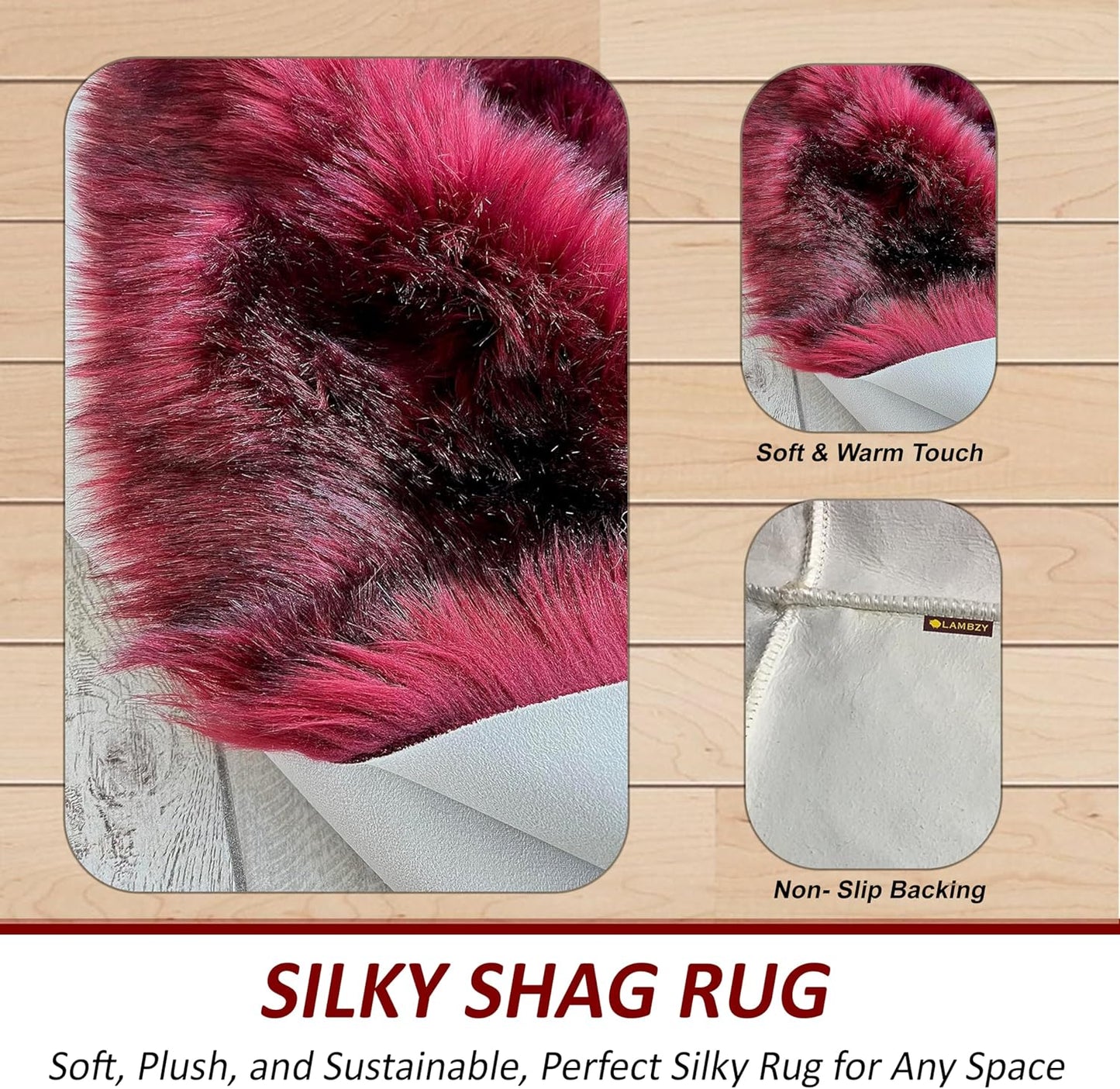 LAMBZY Faux Sheepskin Super Soft Hypoallergenic Free Shape Silky Shag Rug, Luxury Shaggy Plush Carpet for Bedrooms Living Kids Room Sofa Rugs (Burgundy, Decto 10 Pelts 6'x10')
