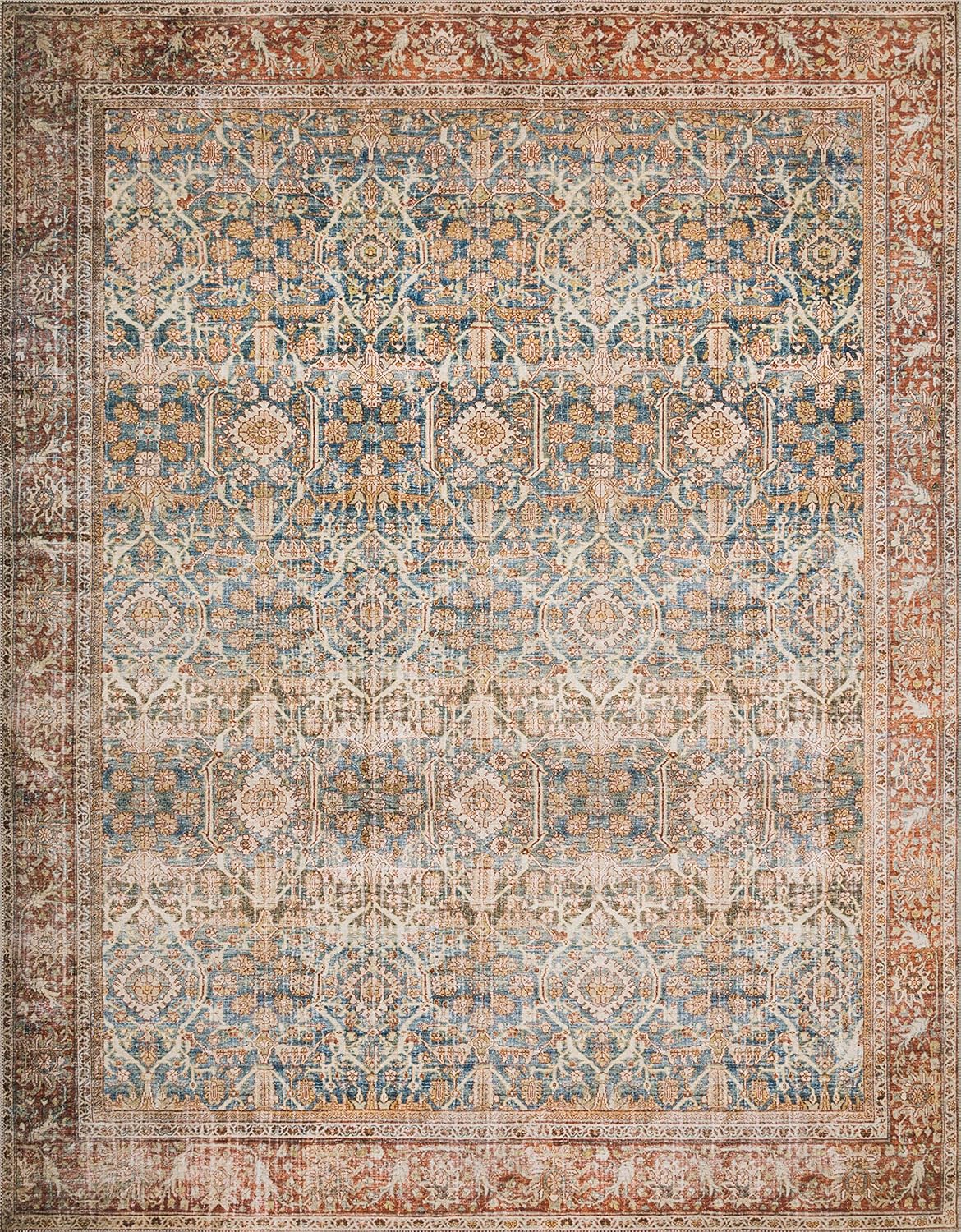 Loloi Layla Collection LAY-04 Ocean/Rust 2'-0" x 5'-0" .13" Thick Accent Rug, Soft, Durable, Vintage Inspired, Distressed, Low Pile, Non-Shedding, Easy Clean, Printed, Living Room Rug