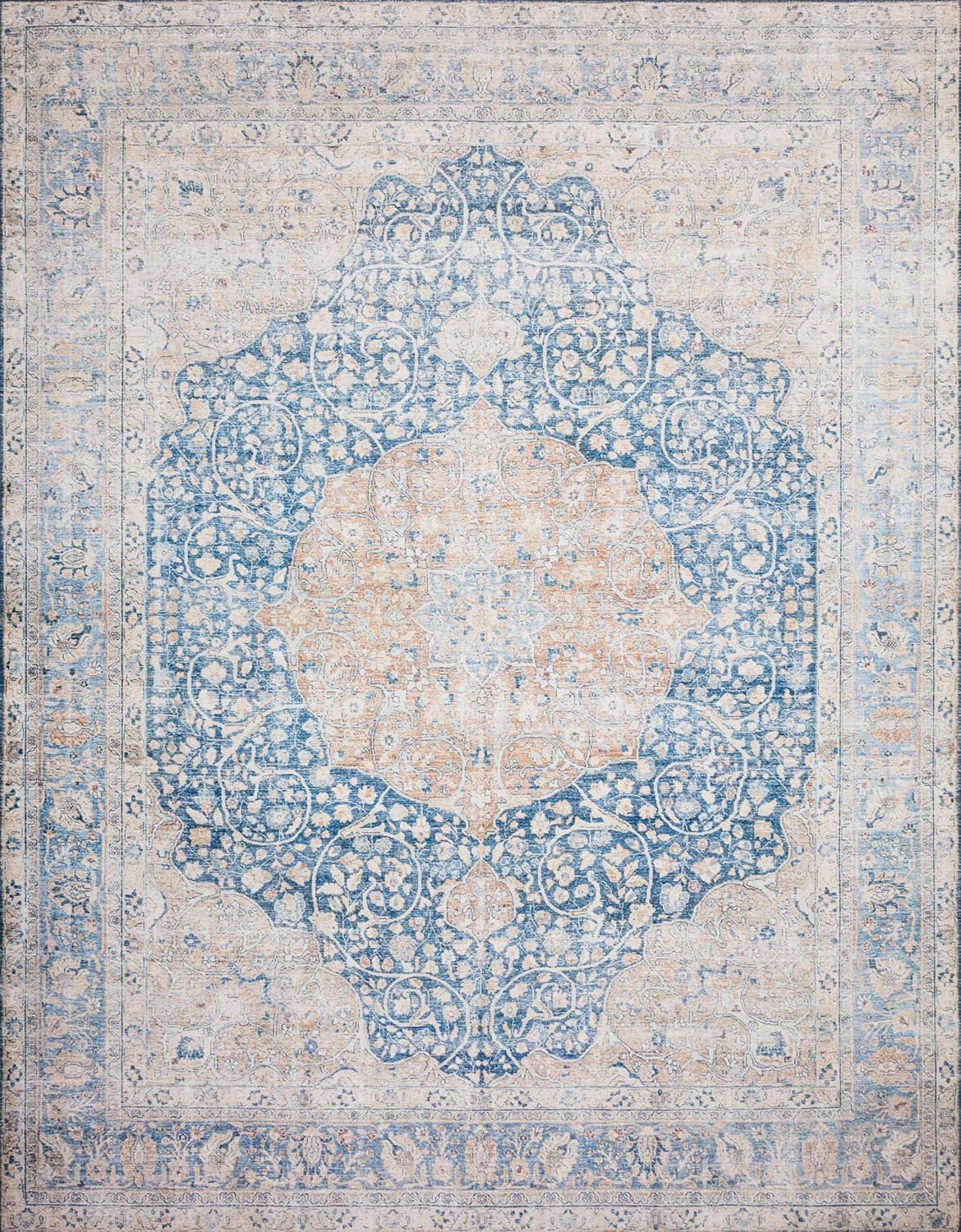 Loloi Layla Collection LAY-07 Blue/Tangerine 9'-0" x 12'-0" .13" Thick Area Rug, Soft, Durable, Vintage Inspired, Distressed, Low Pile, Non-Shedding, Easy Clean, Printed, Living Room Rug