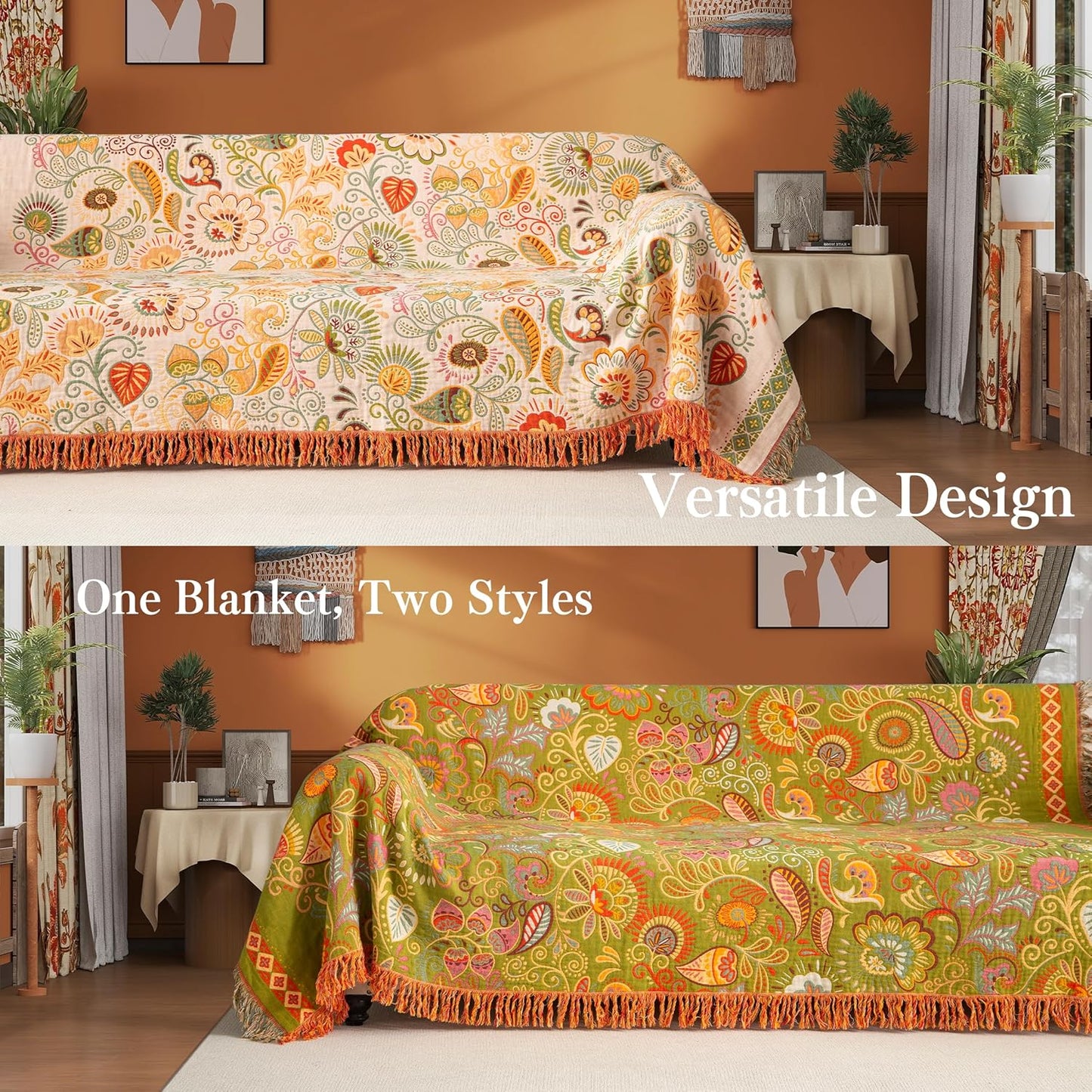 Boho Throw Blanket Full Size, Extra Large Soft Cozy Cotton Muslin Quilt Blanket for Bed Decor, Floral Patterned Couch Sofa Chair Cover, Vintage Farmhouse Cottage Woven Blanket, Coral&Green