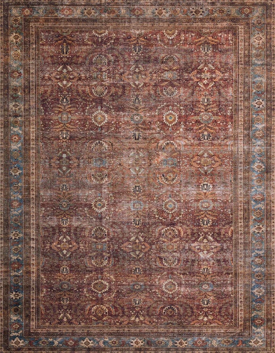 Loloi Layla Collection LAY-01 Brick/Blue 2'-6" x 9'-6" .13" Thick Runner Rug, Soft, Durable, Vintage Inspired, Distressed, Low Pile, Non-Shedding, Easy Clean, Printed, Living Room Rug