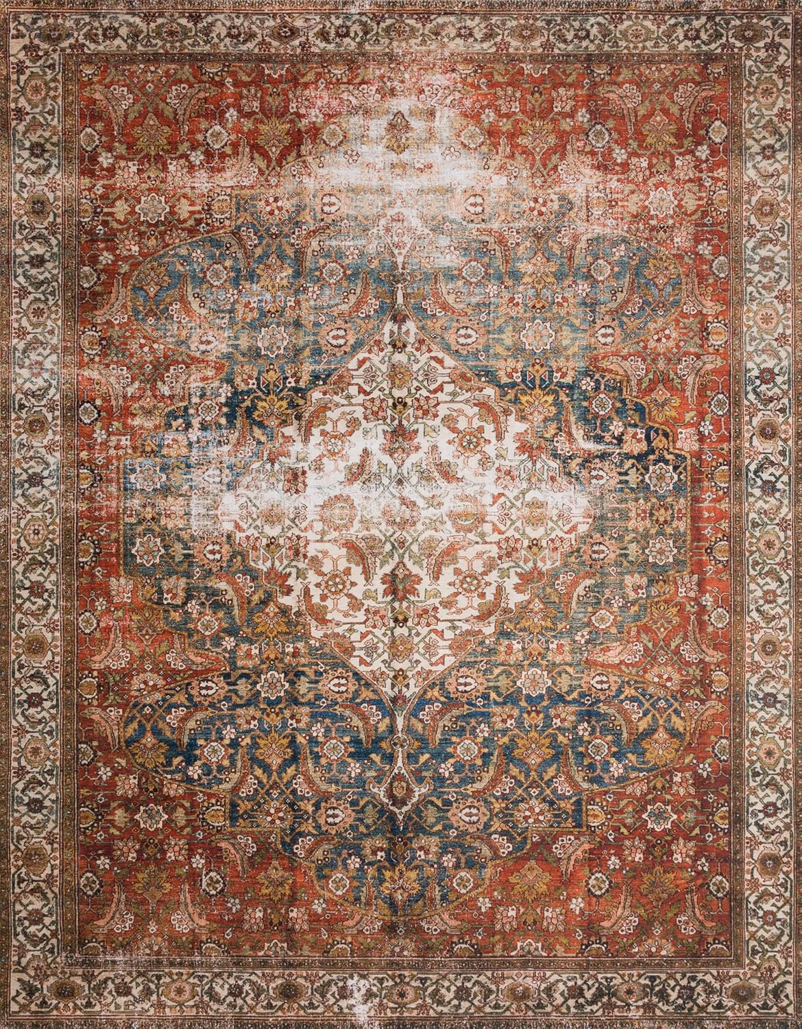 Loloi Layla Collection LAY-05 Ocean/Multi 2'-6" x 9'-6" .13" Thick Runner Rug, Soft, Durable, Vintage Inspired, Distressed, Low Pile, Non-Shedding, Easy Clean, Printed, Living Room Rug