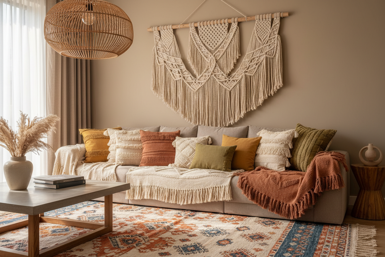 Modern boho living room with woven pendant light and patterned rug.